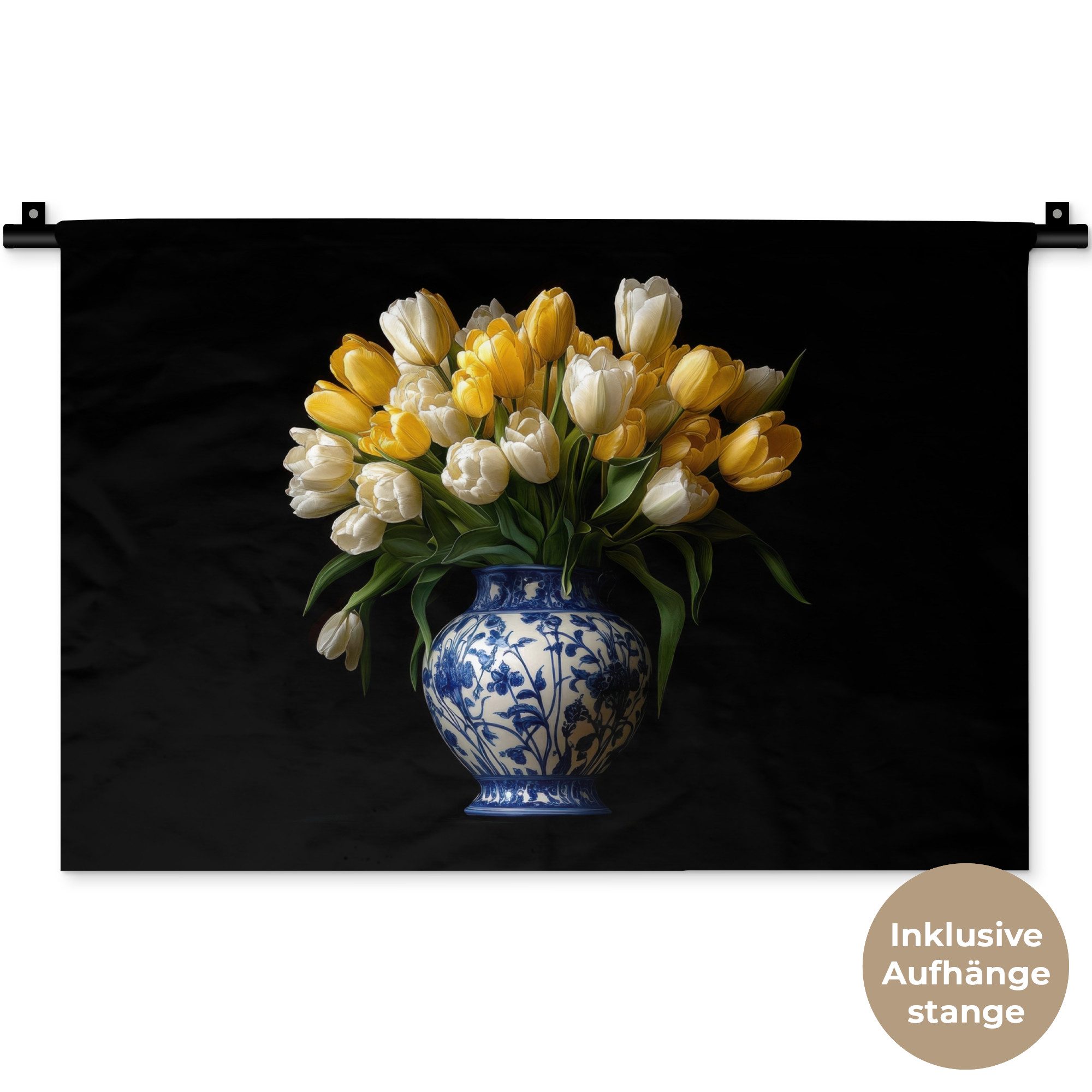 MuchoWow Wandteppich Gelb - Tulpen - Vase - Blumen, Rechteckig, Höhe: 3 mm, Wandteppich für Wohnzimmer, Schlafzimmer, 60x40 cm