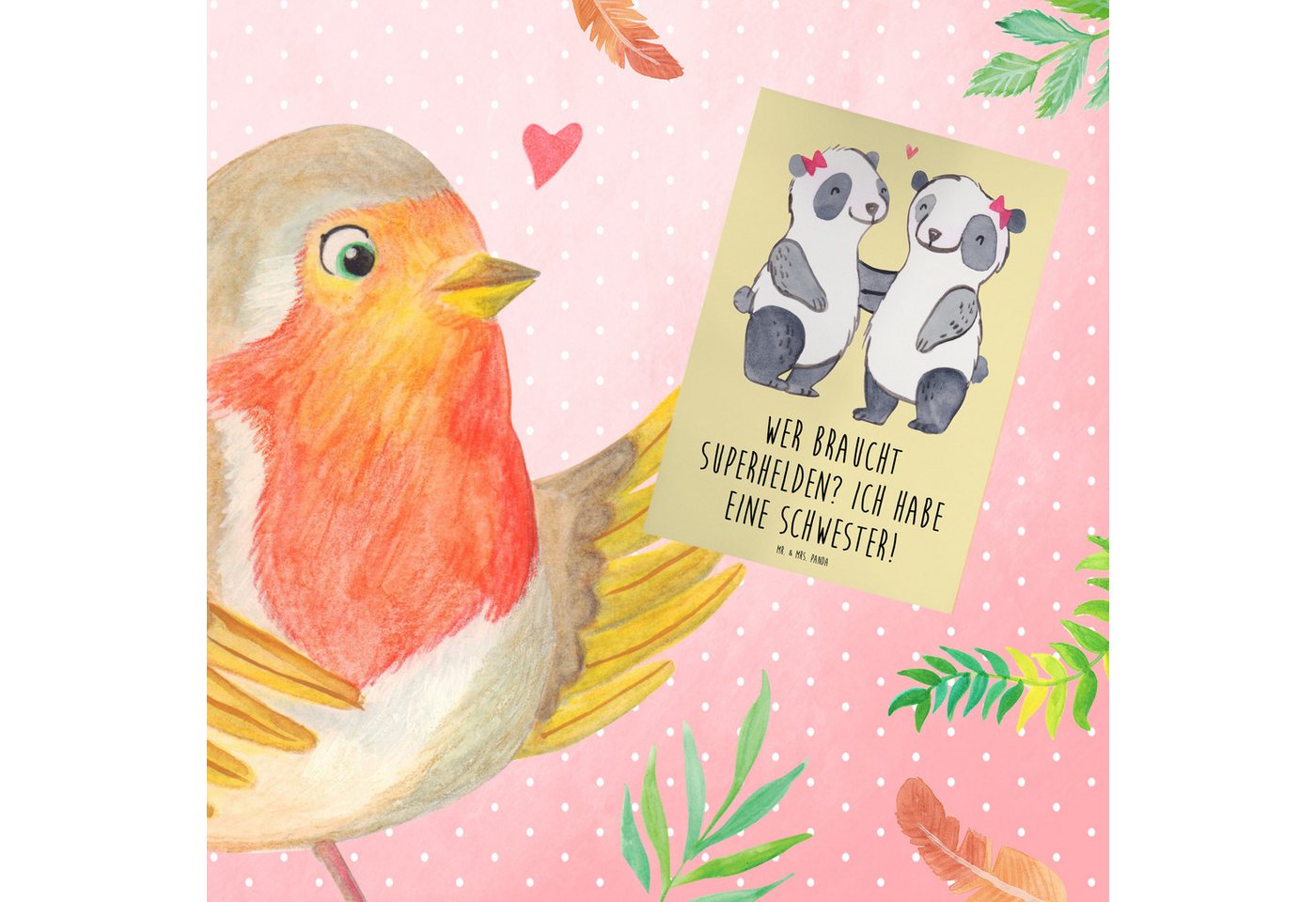 Thumbnail - Mr. & Mrs. Panda Grußkarte Liebe Schwester - Gelb Pastell - Geschenk, Superhelden, Karte, Weihna