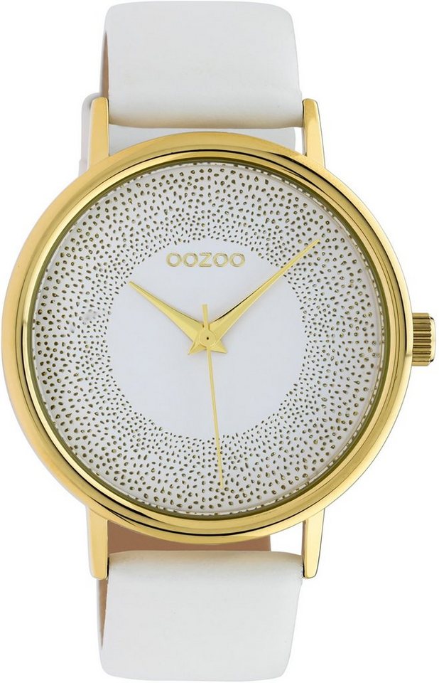 OOZOO Quarzuhr Oozoo Damen Armbanduhr weiß Analog C10576, Damenuhr rund,  groß (ca. 42mm) Lederarmband, Fashion-Style