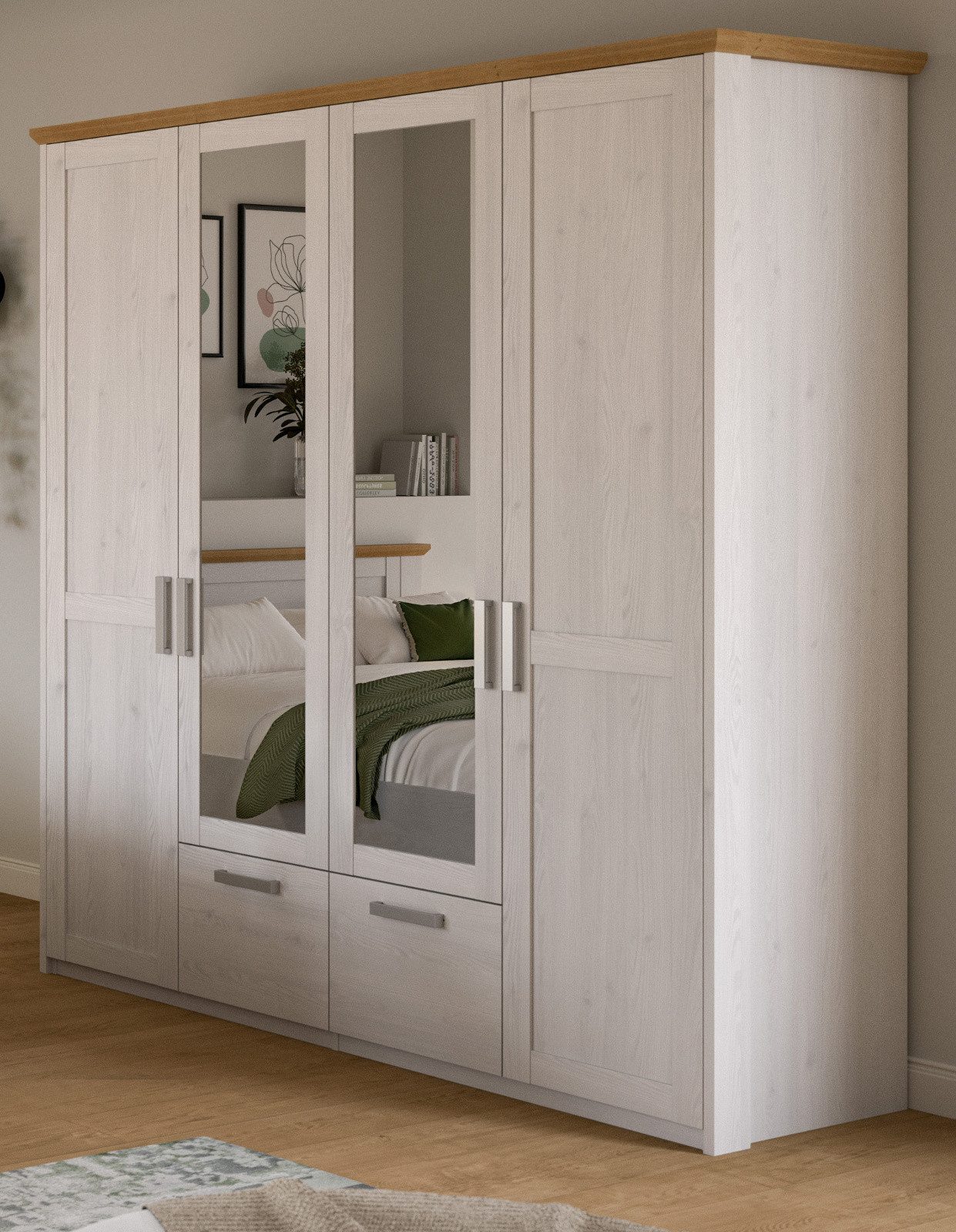 Inn.Furn Kleiderschrank Mirano (Drehtürenschrank in Landhaus Lärche weiß mit Eiche Artisan, 4-türig, 188 x 200 cm) mit Vollauszug und Spiegeltüren