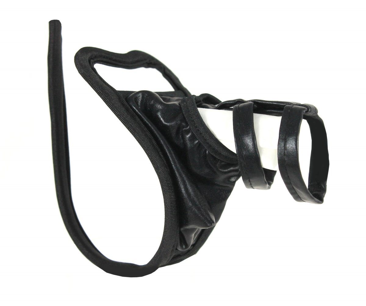 Lau-Fashion Tanga Wetlook C-String Tanga Schwarz Glitzer Bänder Lack Leder Dessous S/M/L