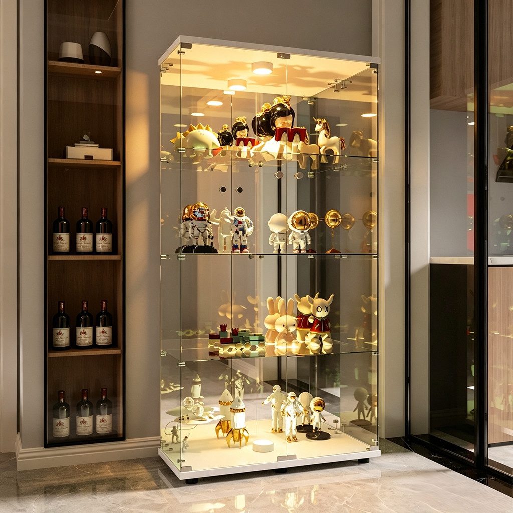 Simurq Glasvitrine Standvitrine mit LED, Glas Vitrinenschrank für Sammlung (1-St, 4 Lagen Glasschrank mit 2 Glastür, Glas Vitrine mit Schloss) Glasvitrine Stehend, perfekt für Sammler, Sammelvitrine