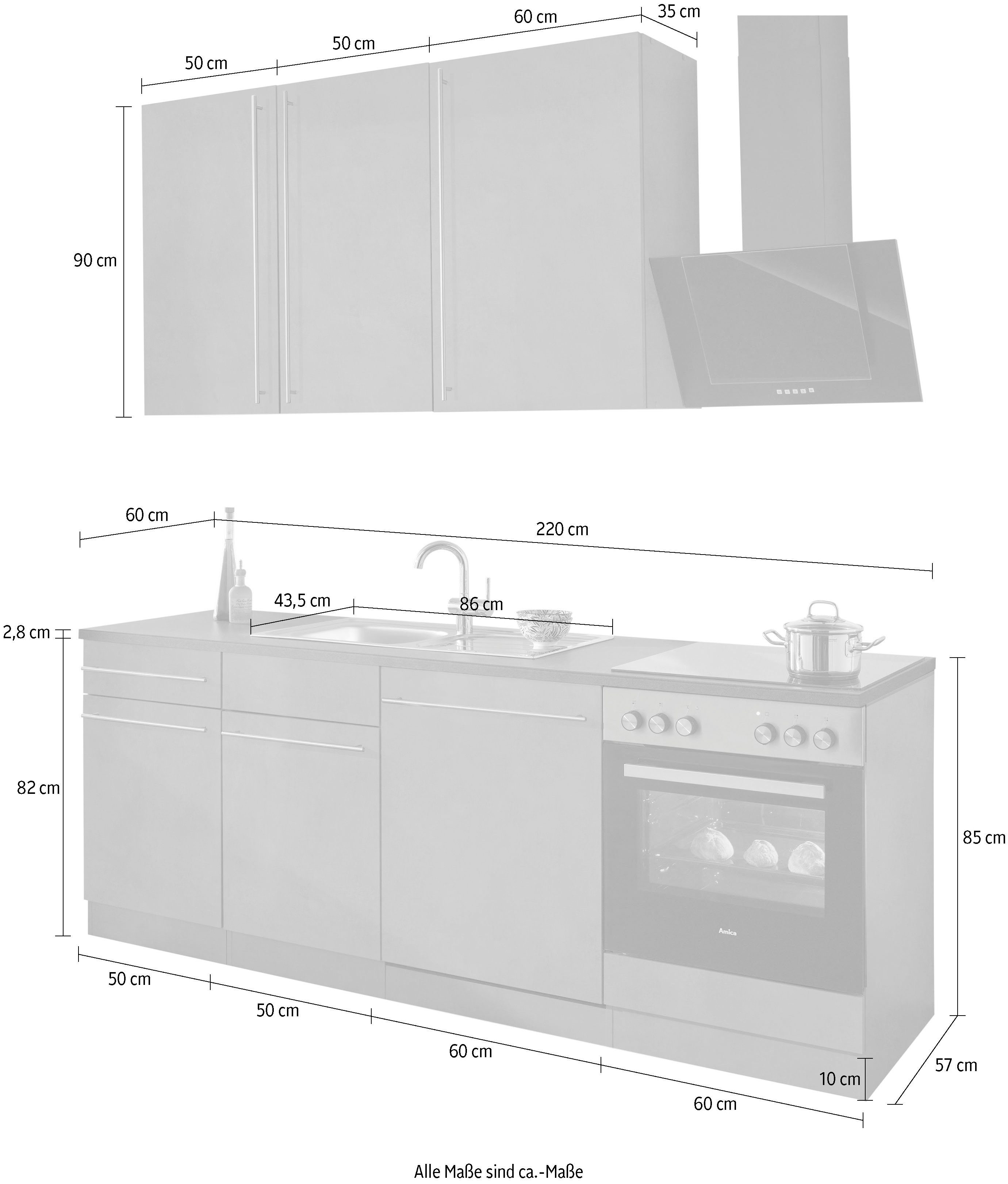 wiho Küchen betonfarben Chicago, mit Küchenzeile cm Breite E-Geräten, | Betonfarben 220