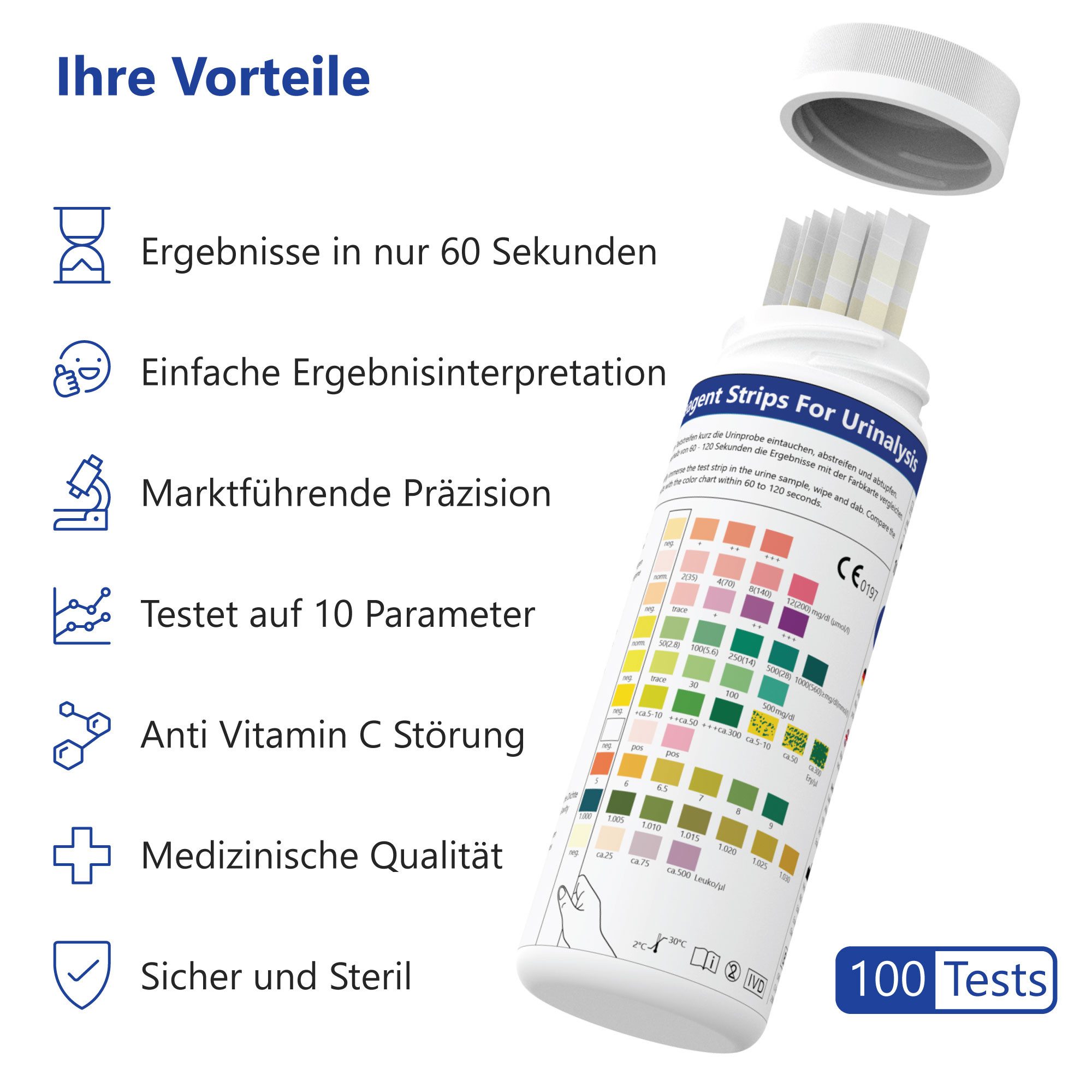 LuxmedIQ Harnsäure-Teststreifen für 10 Parameter - Urin Teststreifen Gesundheitstest, 100-St., bei Harnwegsinfektionen, Blasenentzündungen, Ketose, Diabetes und mehr