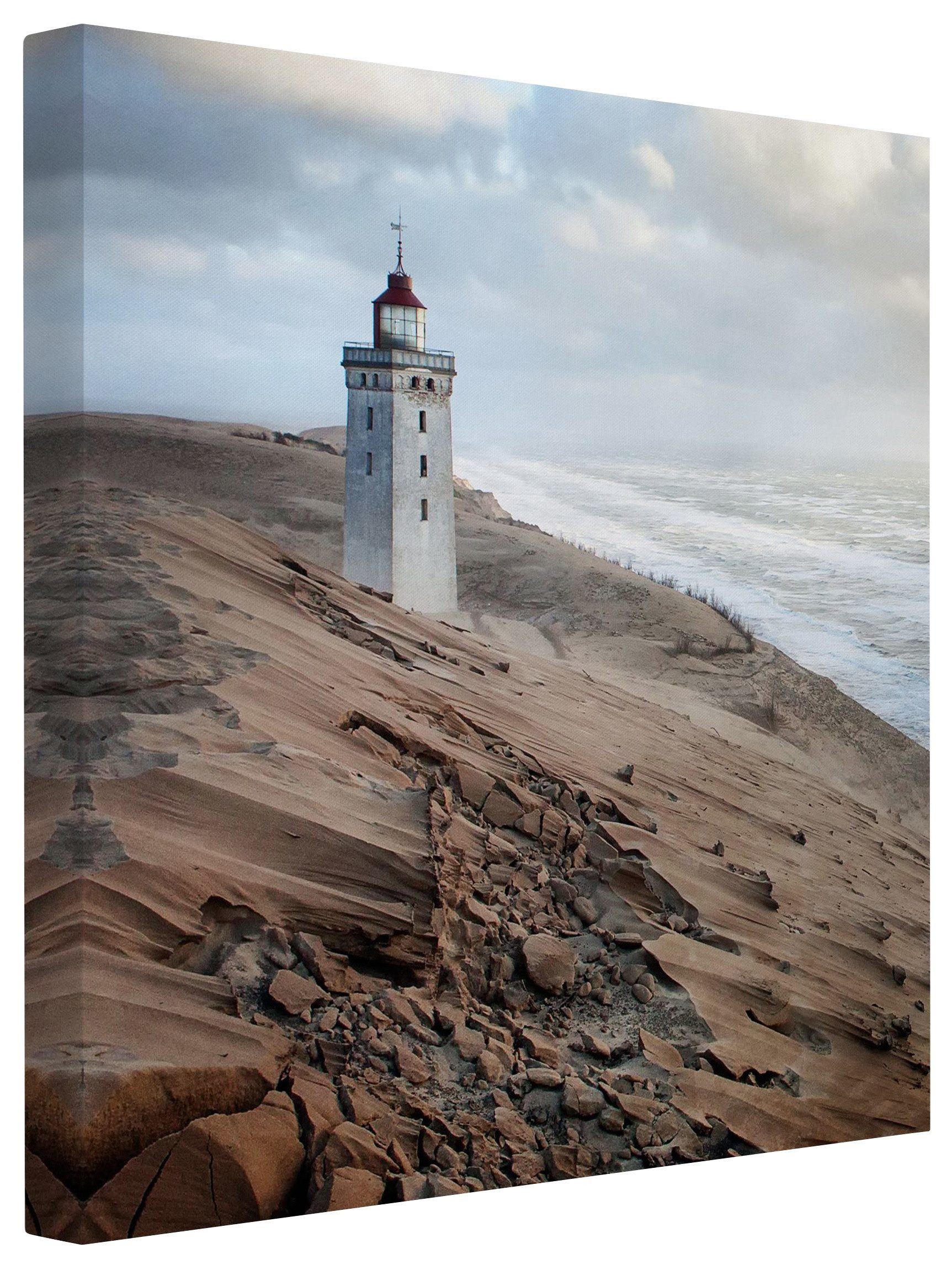 Bilderdepot24 Leinwandbild Strand Natur Modern Leuchtturm Dänemark beige Bild auf Leinwand XXL, Wohnzimmer Schlafzimmer Küche Flur Wandbild Kunstdruck Wanddeko Druck