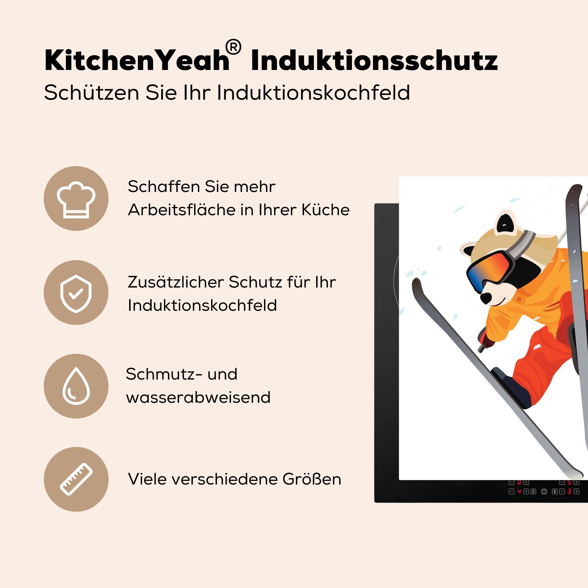 Illustration auf Ceranfeldabdeckung nutzbar, 60x52 eines MuchoWow cm, Skiern, (1 Waschbären tlg), Herdblende-/Abdeckplatte Vinyl, Arbeitsfläche Mobile