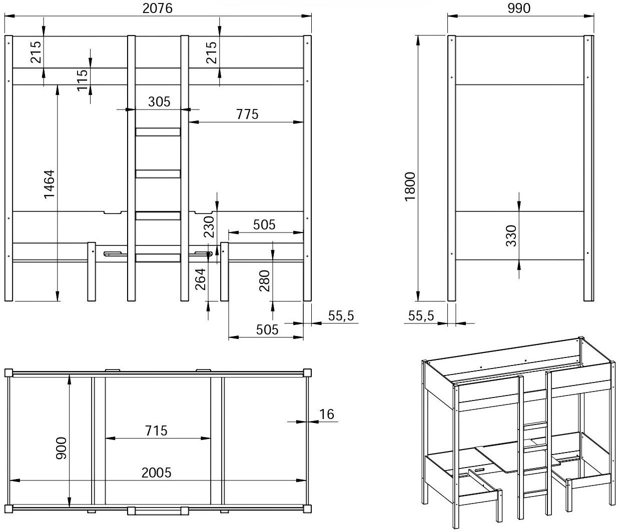 Lüttenhütt "TIPO" Bunk Bed, Top Seller! Includes lower mattress, 90x200cm, plenty of storage space, solid wood, includes table, 2 drawers, 2 sleeping places