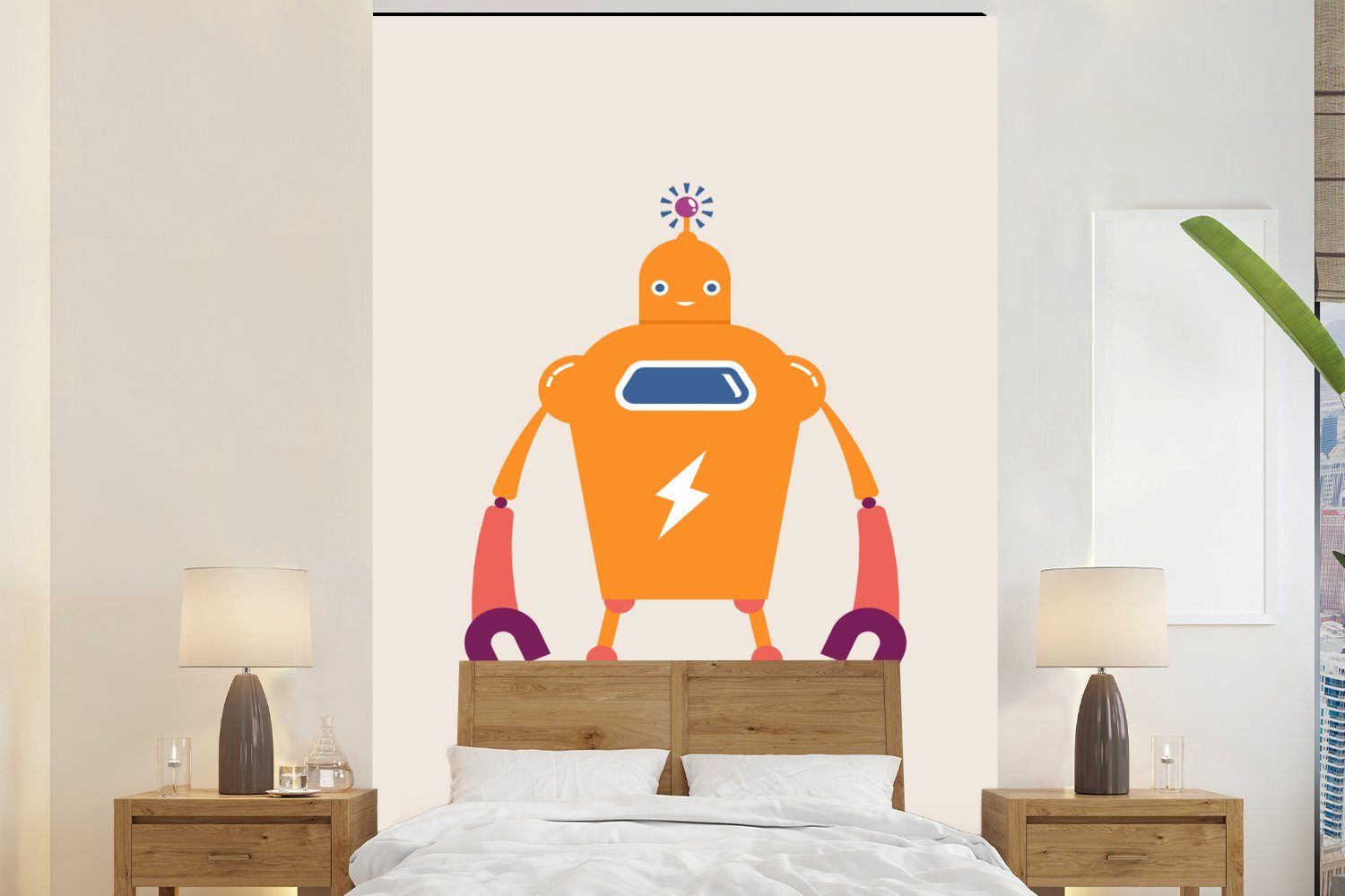 Roboter Kinder, Wohnzimmer, Fototapete Wandtapete - Antenne Junge - Montagefertig - - Matt, Orange Vinyl für - St), bedruckt, Blitzschlag Tapete MuchoWow (3