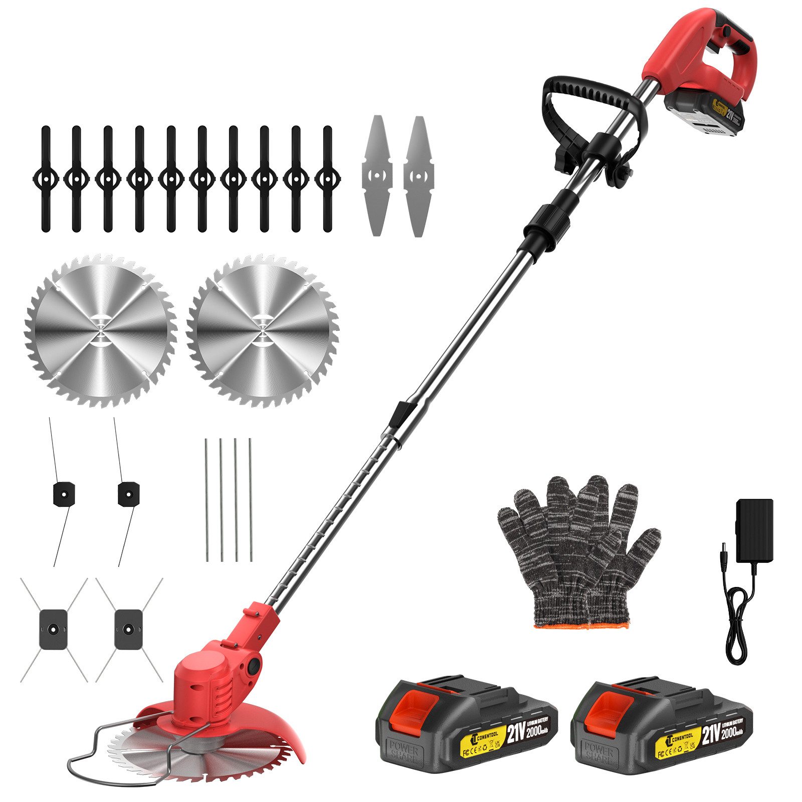 CONENTOOL Akku-Rasentrimmer 21V mit 4000mAh Akku, Verstellbarer Teleskopstiel, 15 cm Arbeitsbreite Messer, (Set, 4 Schneidwerkzeuge), Freischneider & Kantenschneider, inkl. 2 x 2.0Ah Akkus