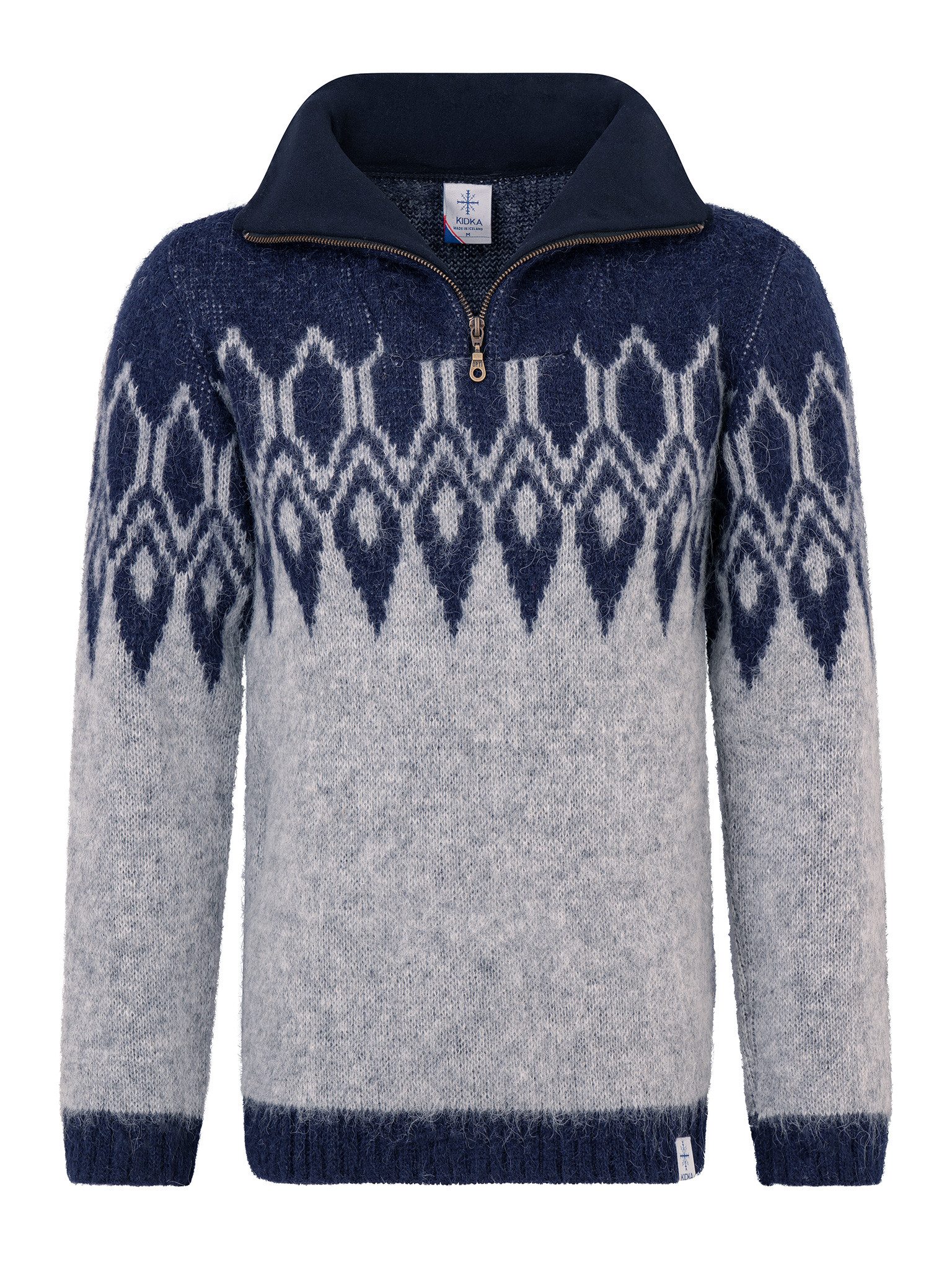 KIDKA Norwegerpullover - Troyer mit kurzem Reißverschluss - Farbe Grau / Dunkelblau - aus rauer isländischer Wolle