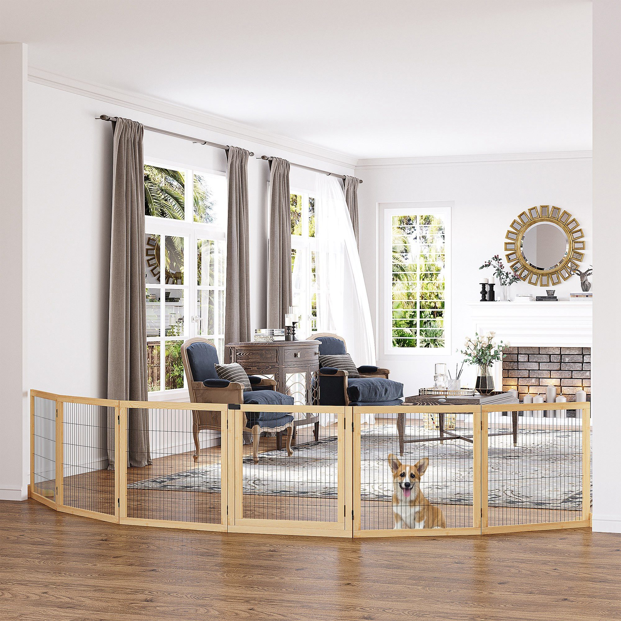 PawHut Hundegitter Freistehendes, mit Füßen, klappbares Treppenschutzgitter für Küche (Absperrgitter für Hund, 1 St., verstellbares Schutzgitter aus Holz), 432 x 70 cm, für Treppen, Türen, Flur, 6 Paneelen, Naturholz