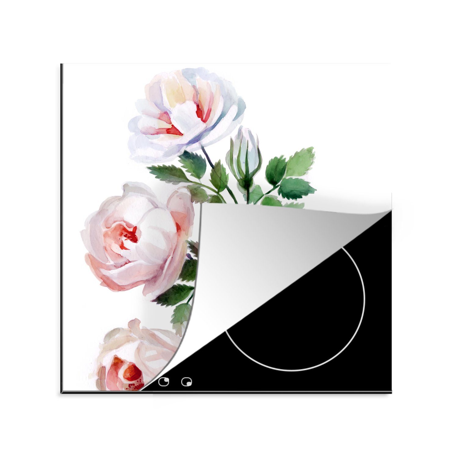 MuchoWow Herdblende-/Abdeckplatte Aquarell - Rosen - Blumen, Vinyl, (1 tlg), 78x78 cm, Ceranfeldabdeckung, Arbeitsplatte für küche