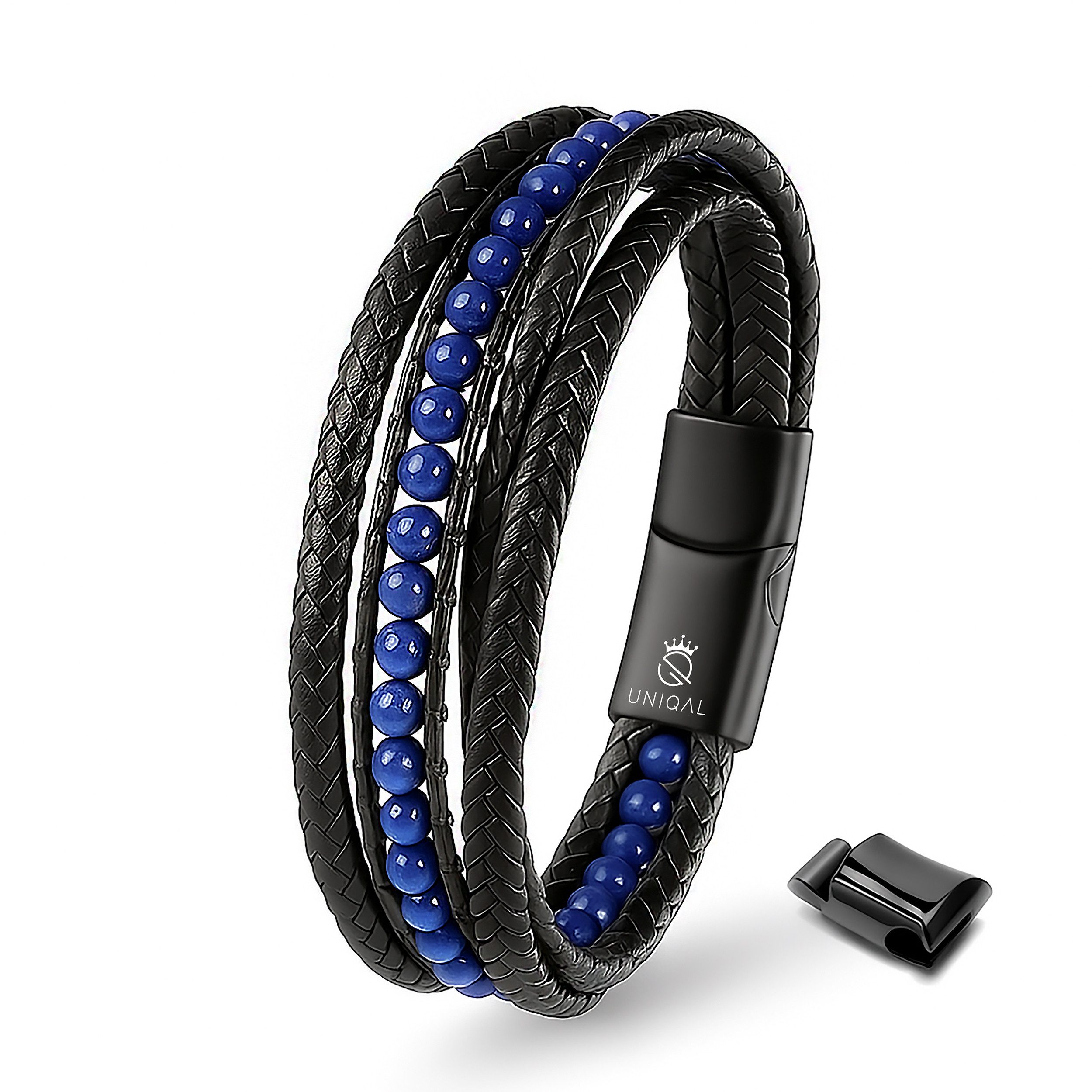 UNIQAL.de Lederarmband DELUXE – elegantes Unisex Natursteinarmband aus Echtleder (geflochten mit Magnetverschluss & Verlängerungsglied, edel, handgefertigt, hochwertig & perfekt als Geschenk), – deutsche Marke, registrierter Händler