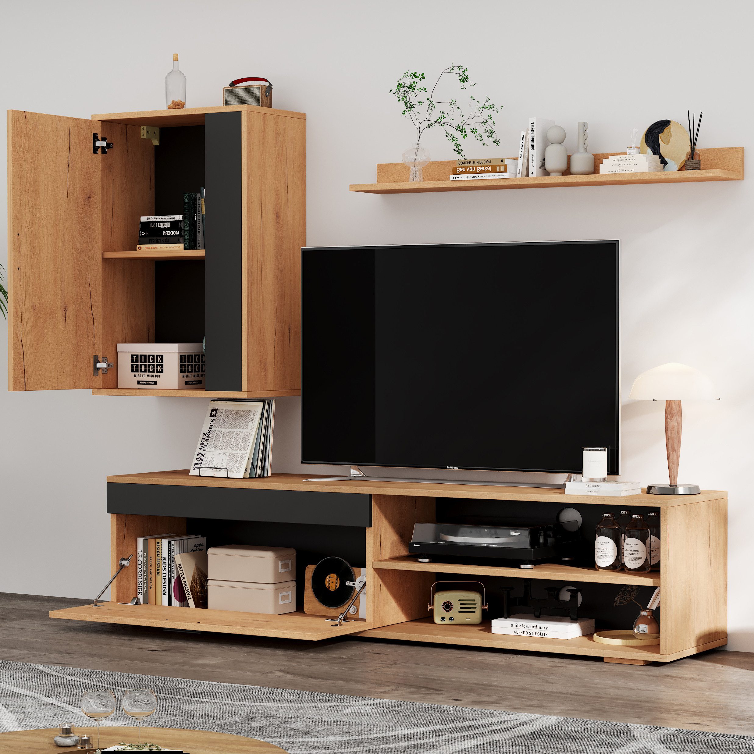 Merax Wohnwand in Holzfarbe, (3-St), 3-teiliges TV-Wohnwand-Set mit V-Schrank, Wandschrank und Wandregal