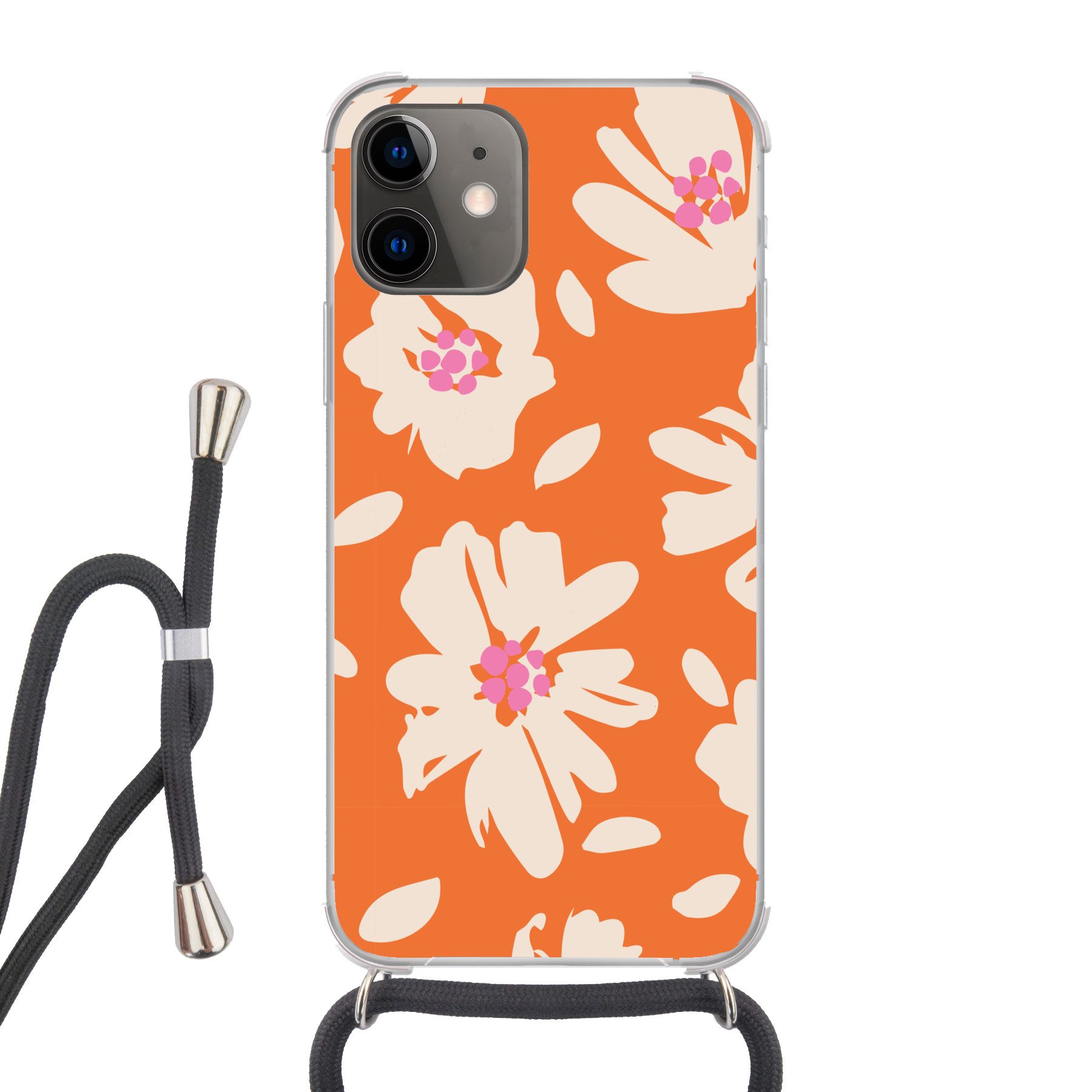 MuchoWow Handyhülle für Apple iPhone 12 Blumen - Orange - Beige - Rosa - Abstrakt, Tragbare Handyhüllen mit Kette zum umhängen, Handykette Handyband