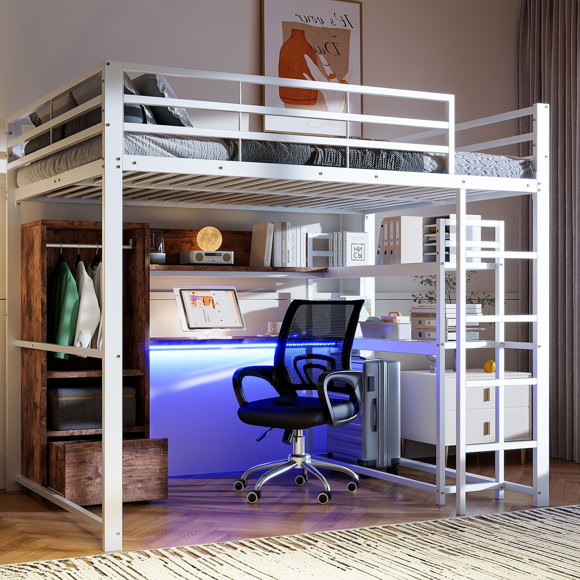 Ulife Hochbett Metallbett, mit LED-Leuchten, Schreibtisch, günstig online kaufen