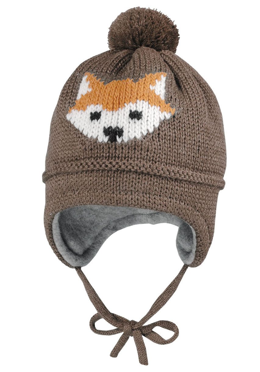 MAXIMO Strickmütze mit Fuchsmotiv mit Pompon und Bindeband