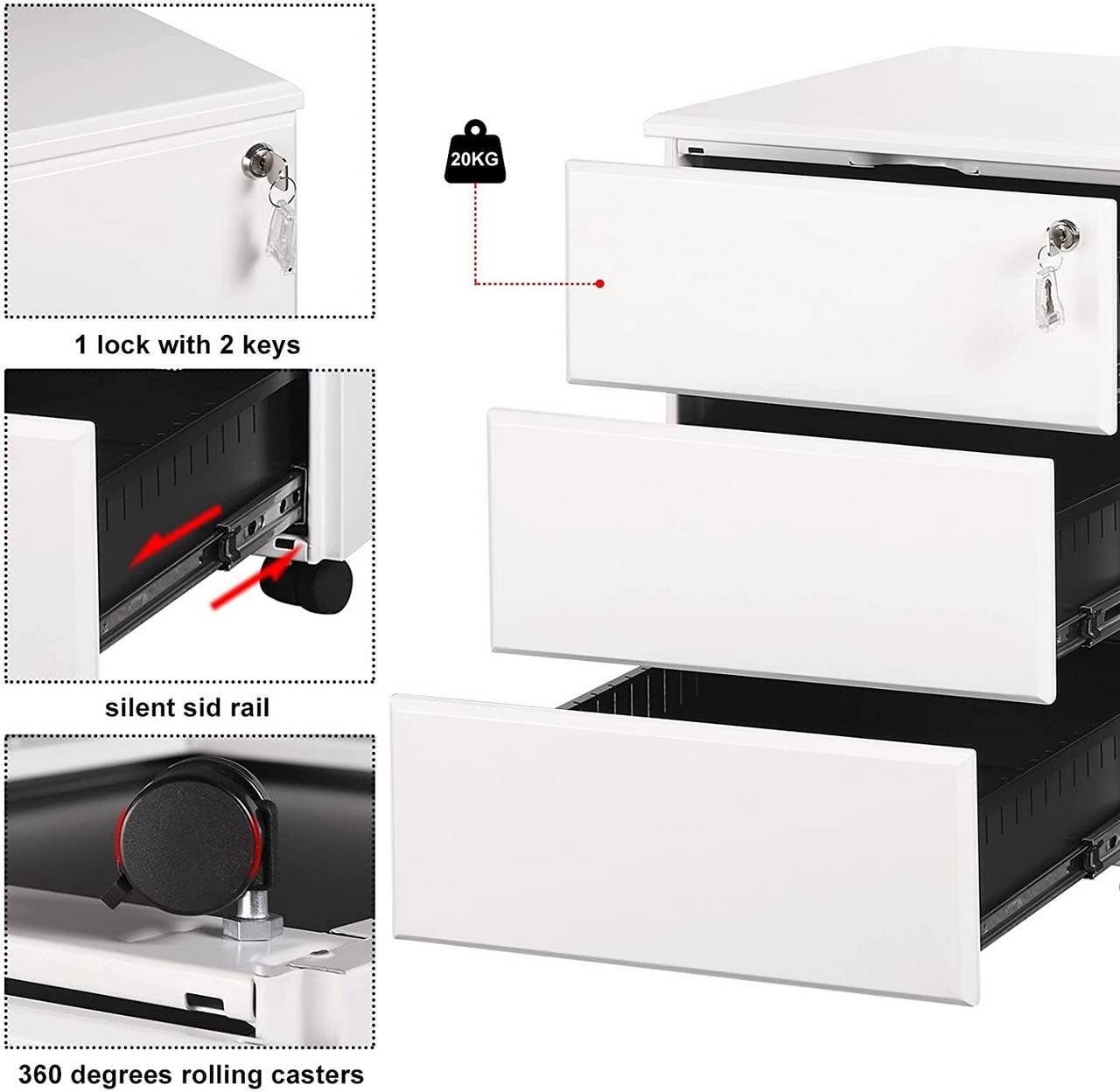 Aktenschrank Woltu Schubladen mit Metall Weiß Mobiler Rollcontainer, Büroschrank 3