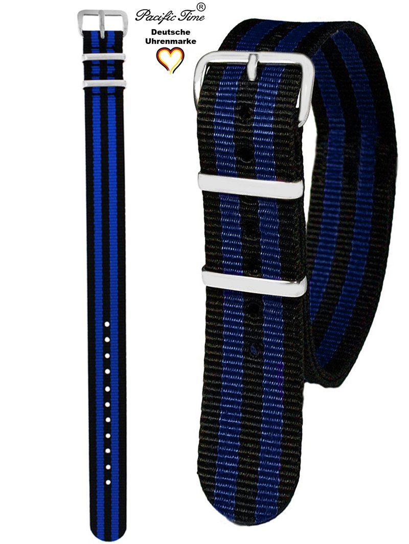 schwarz Versand Gratis 16mm, Textil Pacific Uhrenarmband Time Nylon blau Wechselarmband
