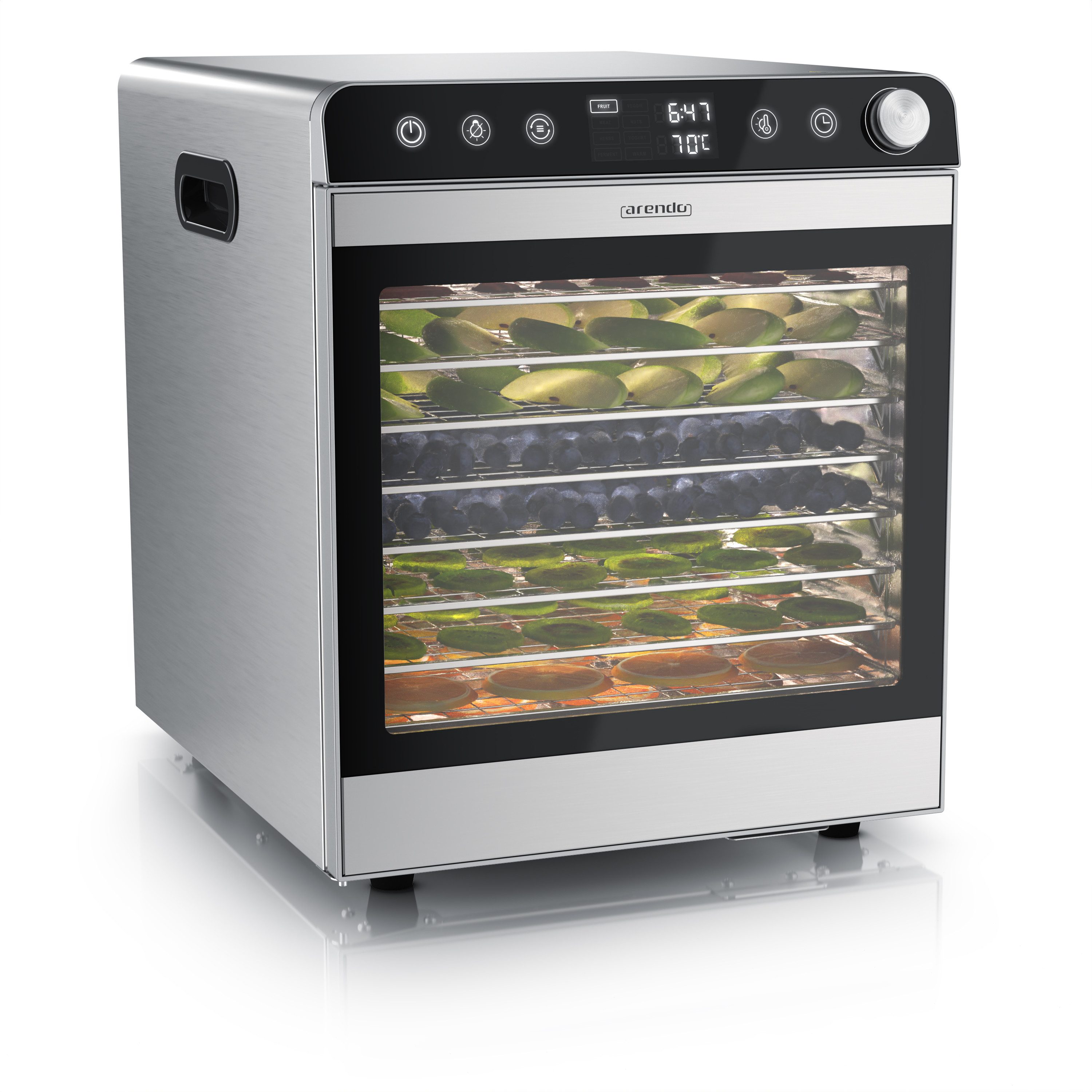 Arendo Dörrautomat Edelstahl, Temperaturregler von 30° bis 85°C, Dörrgerät, Dehydrator 800 W, 10 Etagen, Obst, Fisch, Fleisch Dörrapparat, Obsttrockner, Timer 0,5-24 Stunden