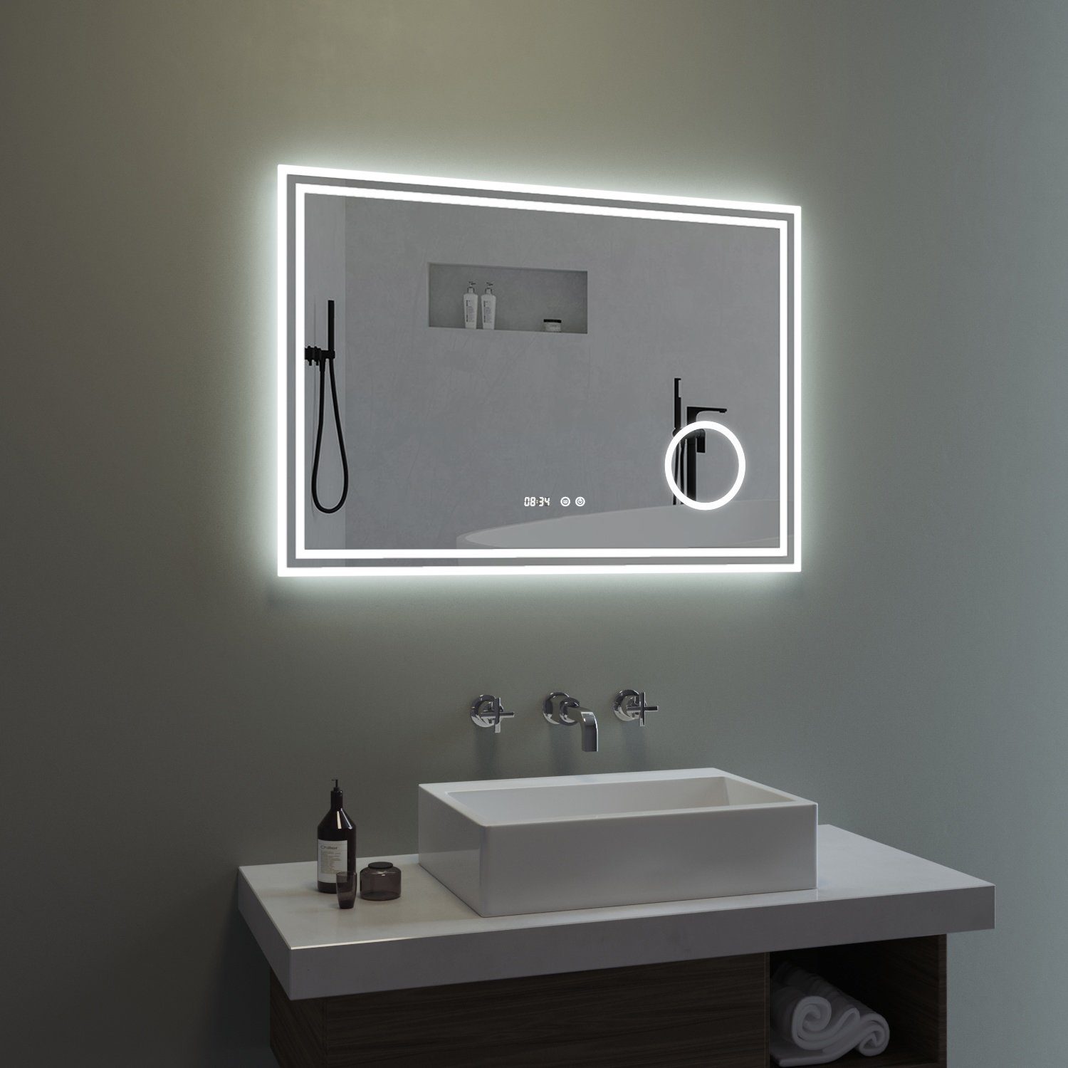 Badspiegel mit LED Beleuchtung Wandspiegel Lichtspiegel BLUETOOTH UHR SCHALTER 