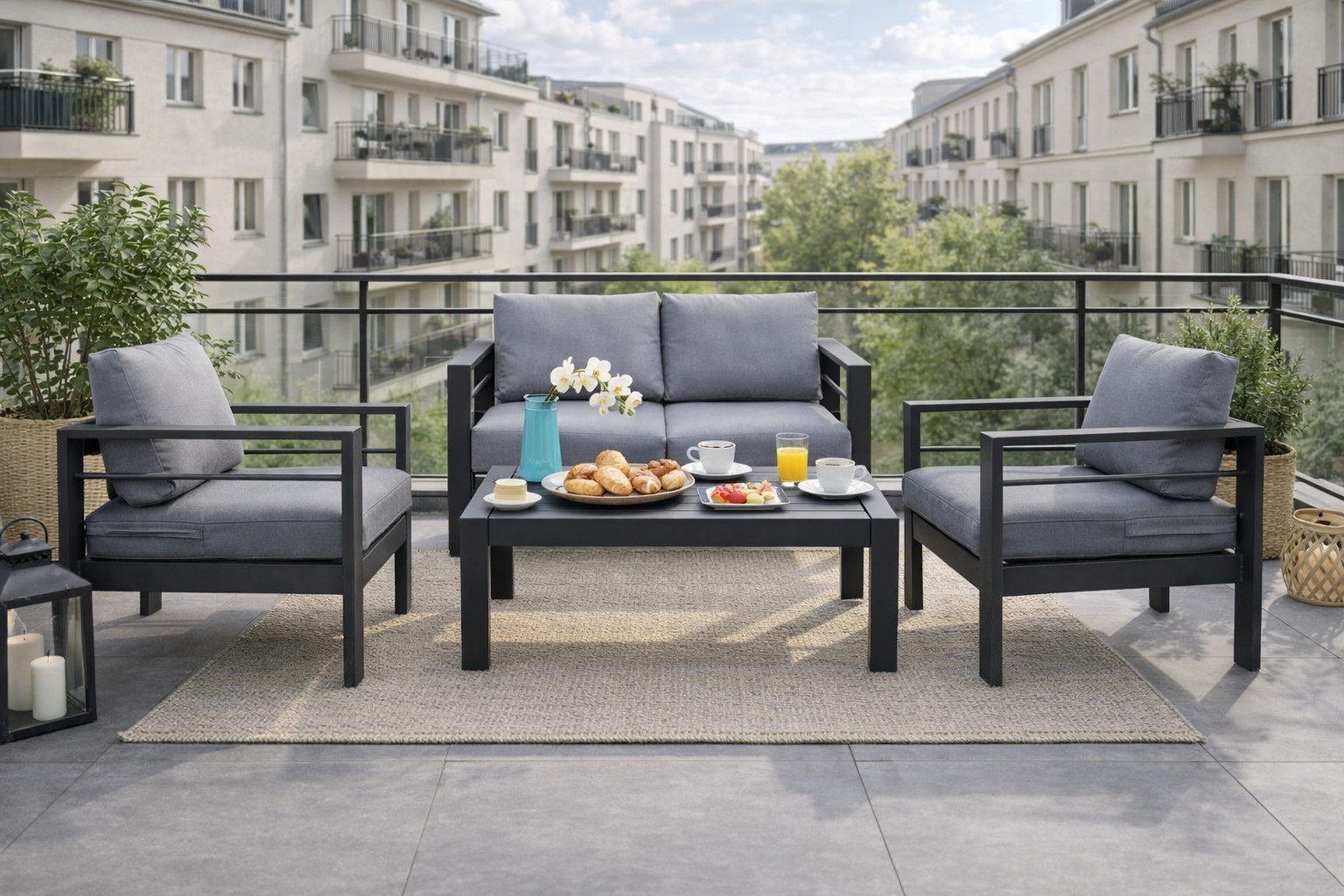 MeXo Gartenlounge-Set XXL Gartenmöbel Set Aluminium Outdoor, (Balkonmöbel für Kleinen Balkon, 4-tlg., 1×2-Sitzer Sofa, 2×Sessel, 1×Tisch, 8×Auflagen), wetterfest Sitzgruppe Essgruppe Gartengarnitur für 3-4 Personen