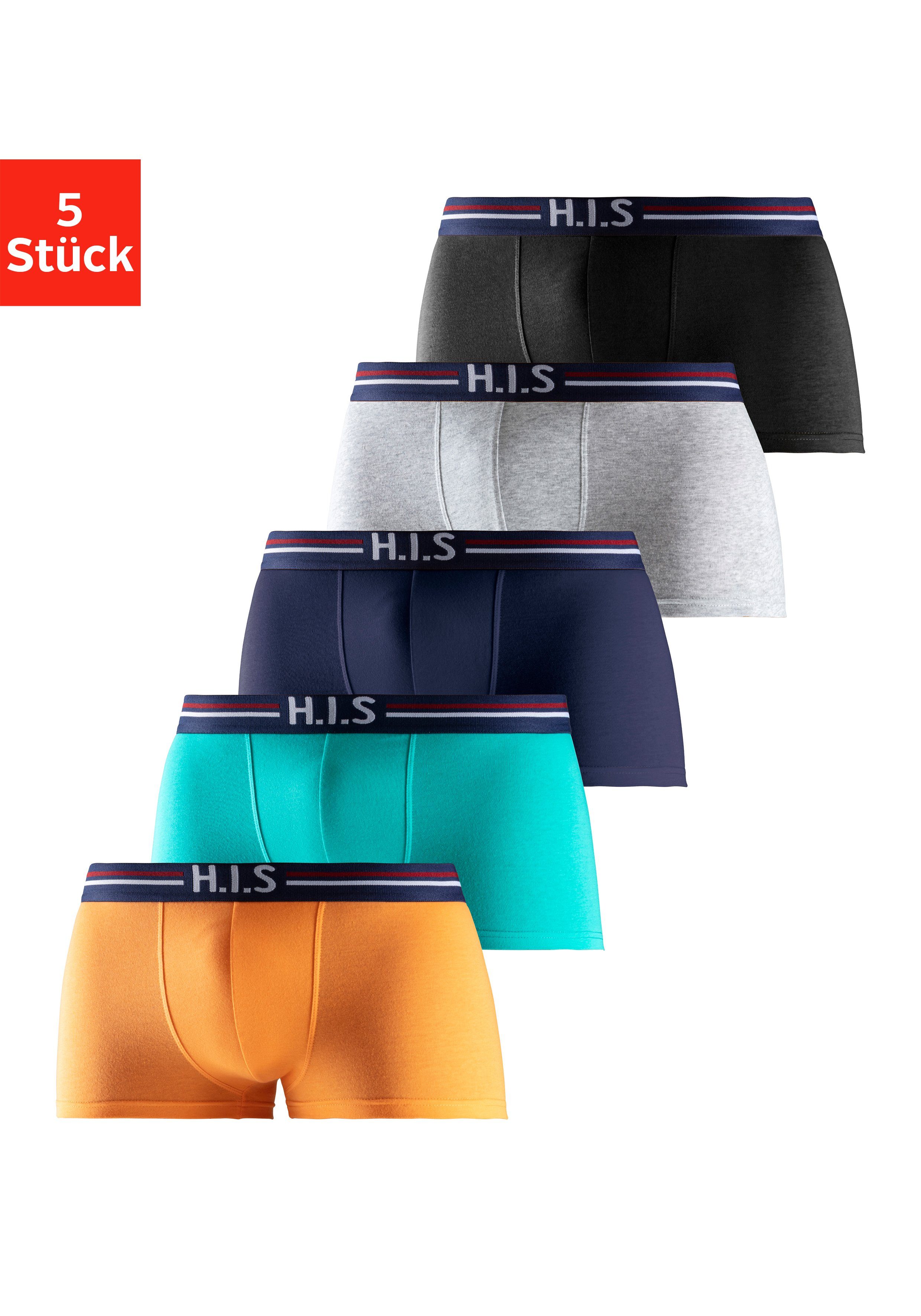 (Packung, orange, Bund mint, grau-meliert, Hipster-Form im Streifen navy, Boxershorts H.I.S in 5-St) und schwarz mit Markenlogo