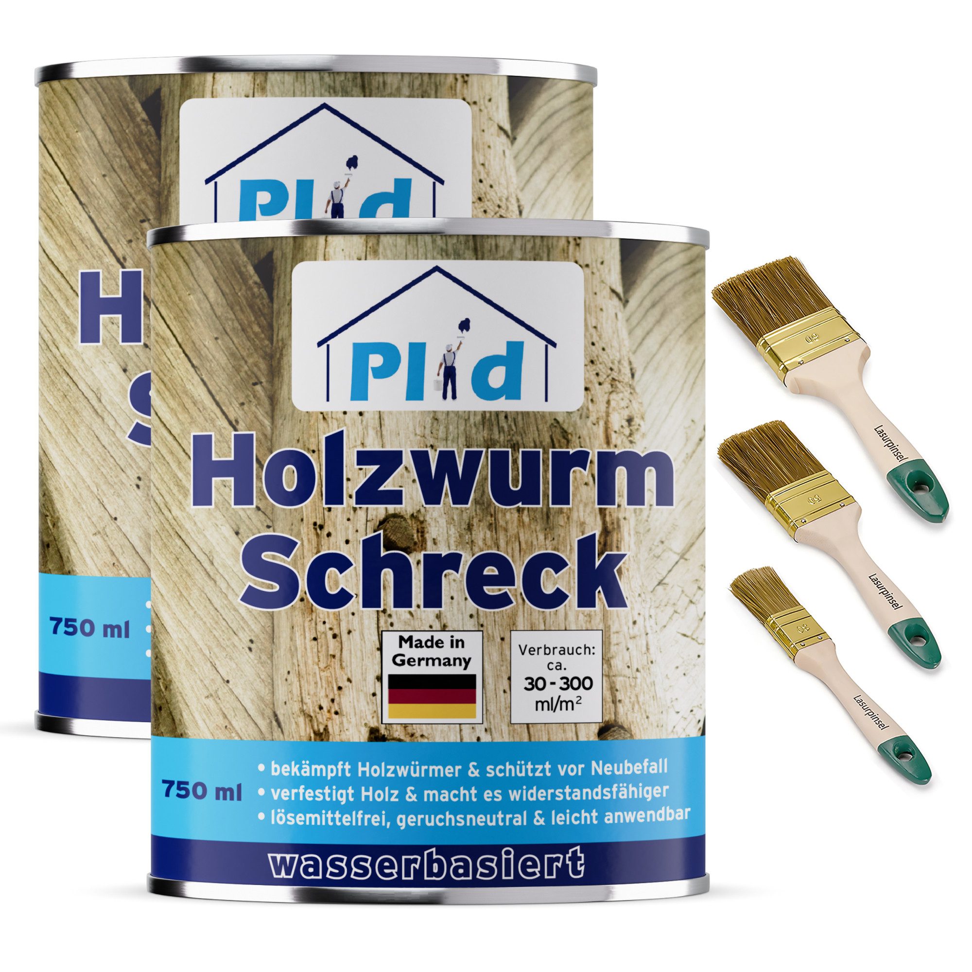 plid Holzwurm-Ex Holzwurm-Schreck & Pinselset 3-tlg Holzschutz Holzwürmer Holzbohrkäfer, Schnelltrocknend