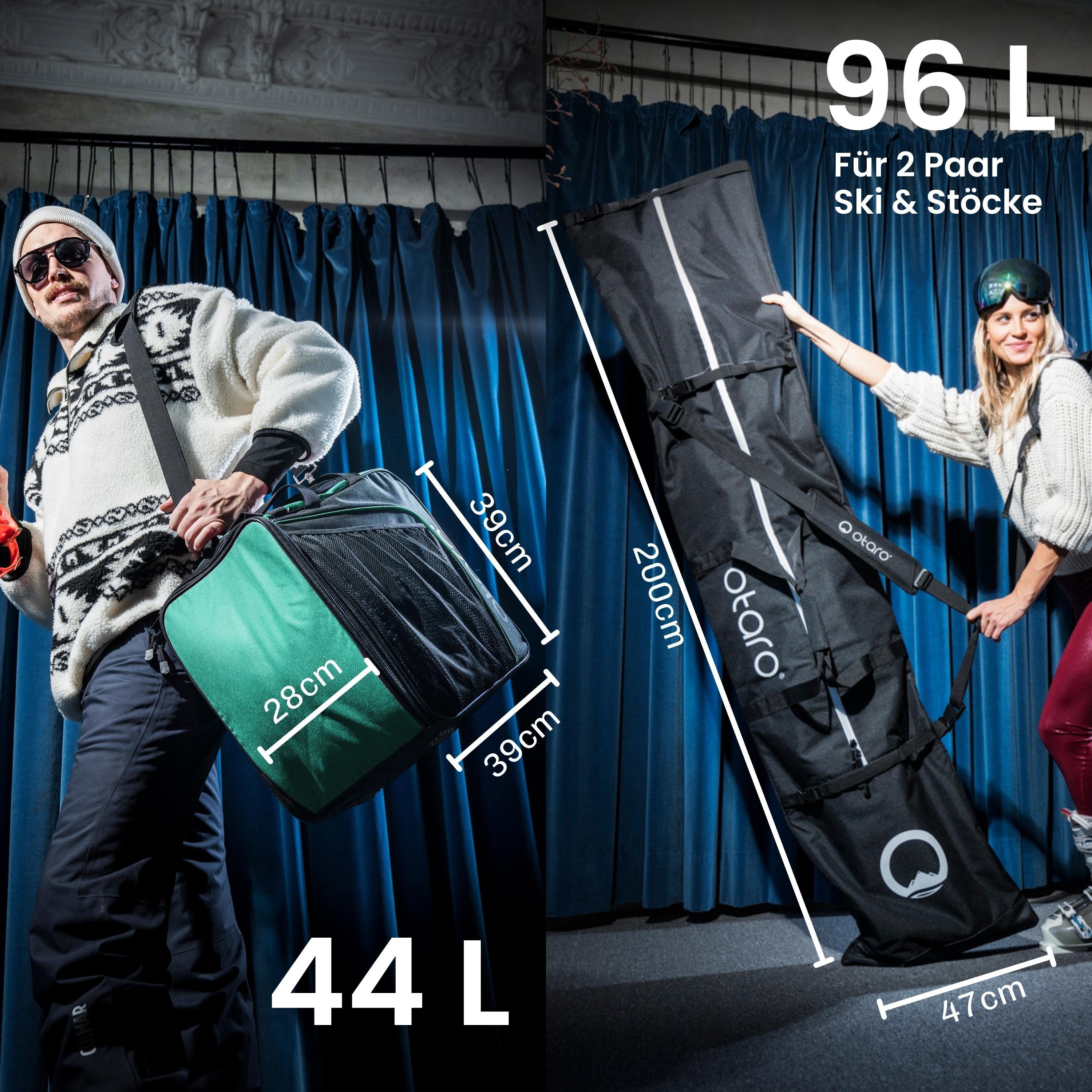 durchdacht, für 2 Ski Paar für 2 Set: Sporttasche Stöcke) Schwarz + Ski & Tannengrün Ausrüstung, Perfekt für ausklappbare Paar Standfläche, (Schutz Skischuhtasche Skitasche, Classic-Set Otaro deine