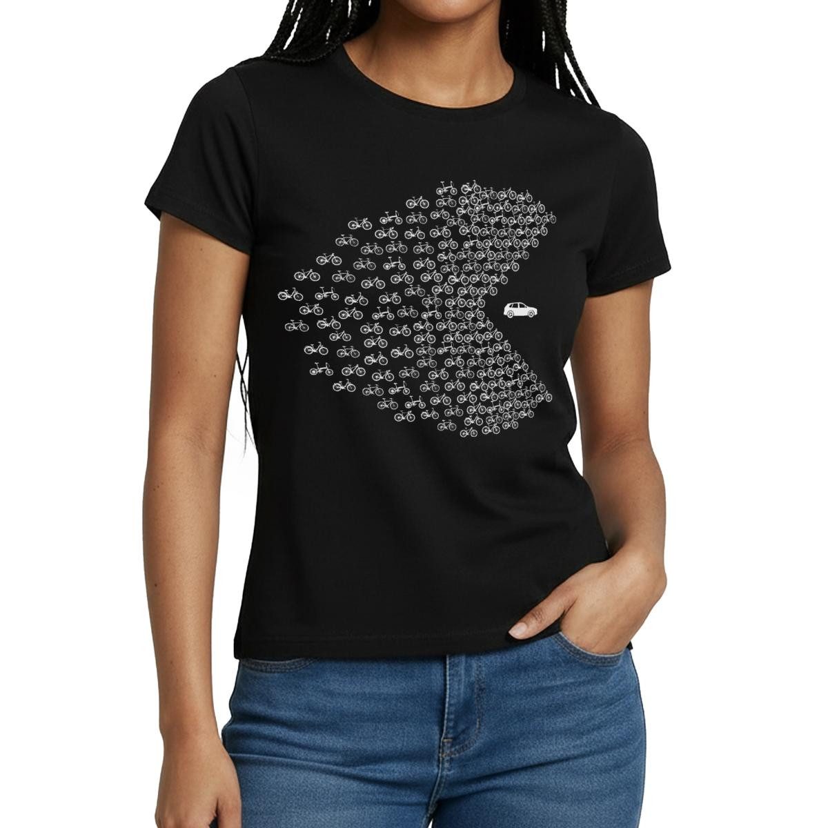 Spreadshirt T-Shirt Fahrräder Fressen Auto Fahrradfahrer Bike Frauen T-Shirt (1-tlg) Slim Fit, fällt klein aus