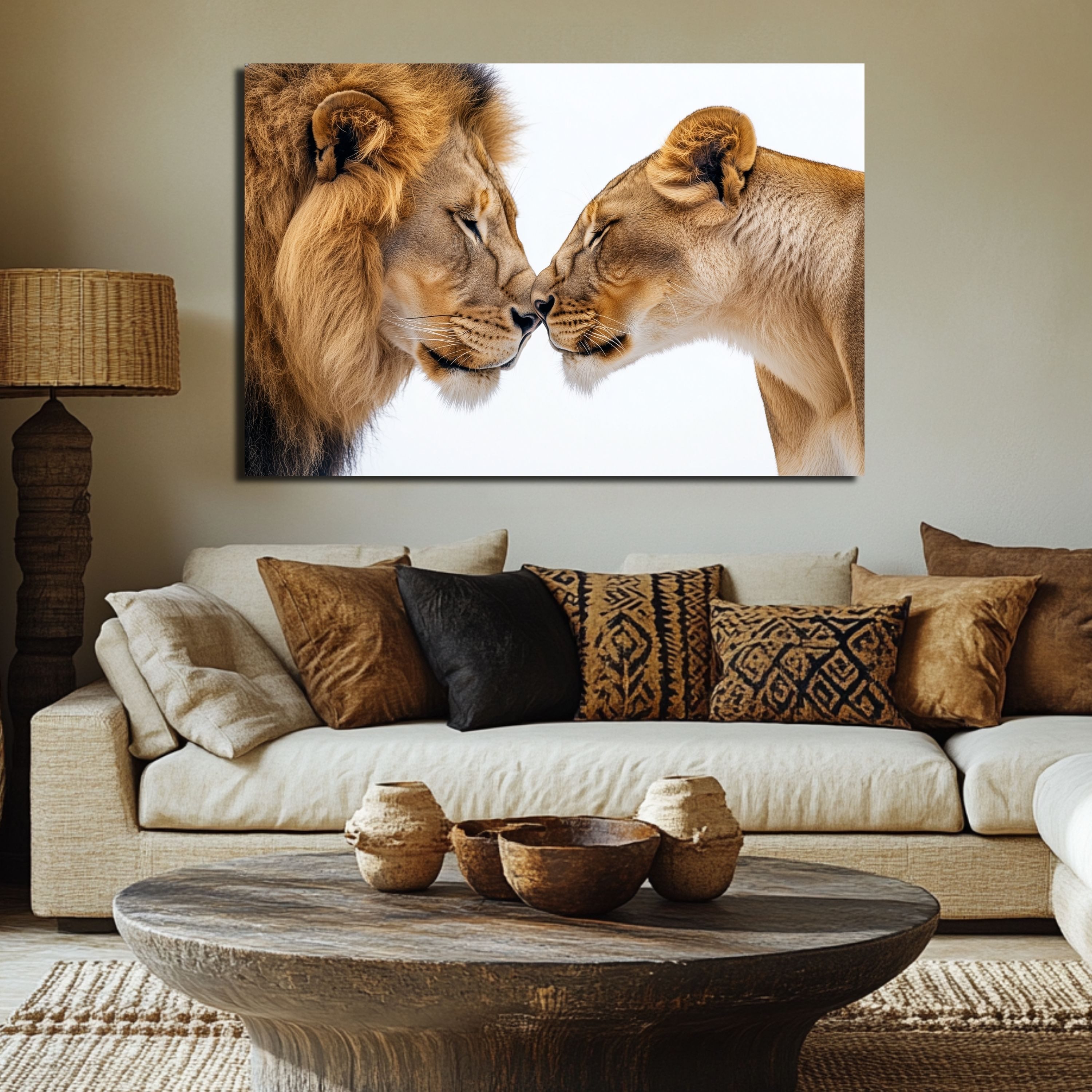 DARO Design Leinwandbild Modern Abstrakt Wandbilder XXL Wandbild Wand Deko Leinwand Bilder, (Löwenpärchen - Bild groß Wohnzimmer Schlafzimmer Küche Esszimmer Einteilig Querformat Fotodruck Leinwände Wanddeko Abstrakte Kunst Boho), 60x40cm
