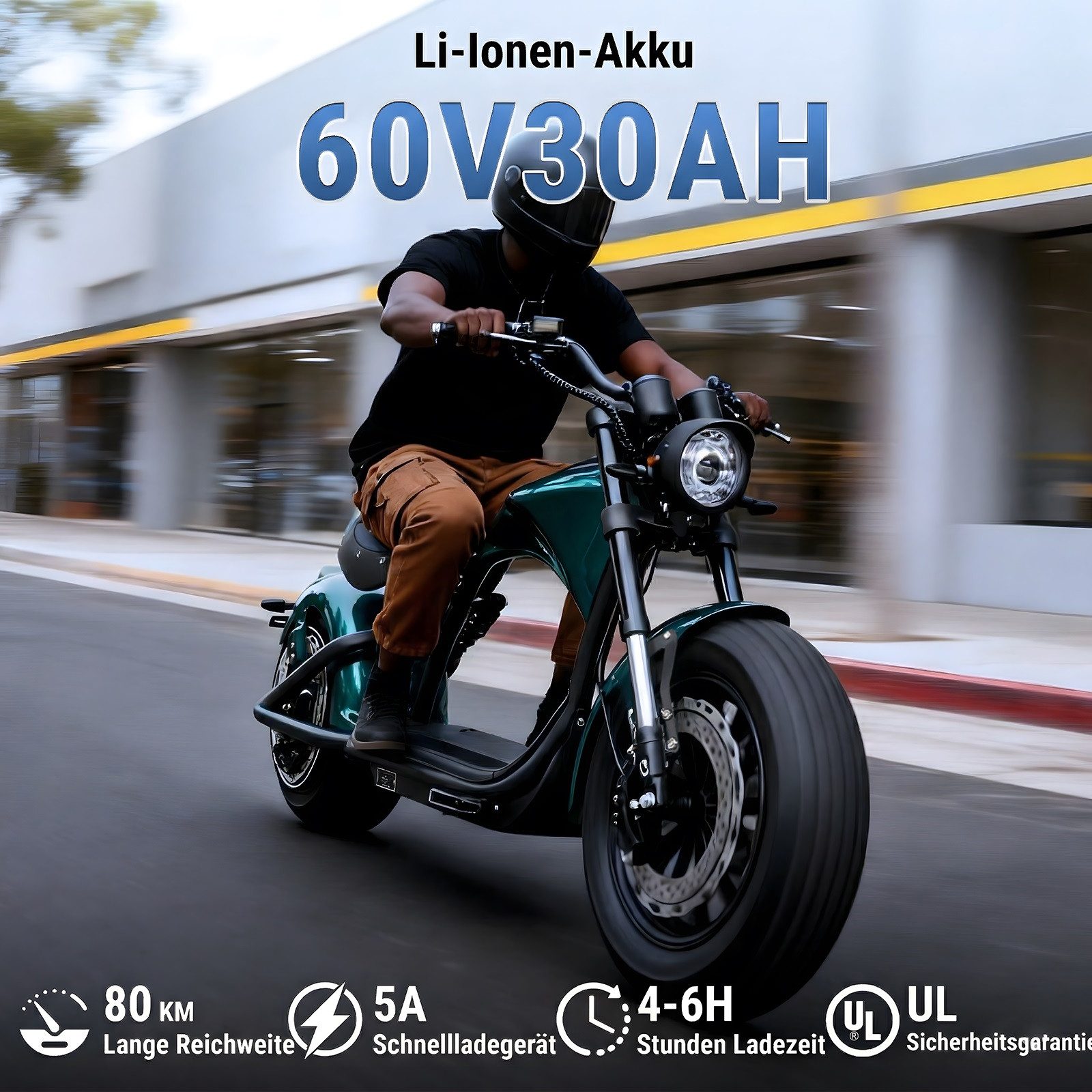 Vankel E-Motorroller M1P E-Chopper 2000W, 1800Wh, 80km Reichweite, Retro-Elektro-Scooter, 2000 W, 45 km/h, Straßenzugelassener E-Chopper für Stadt & Freizeit, & 200kg Zuladung