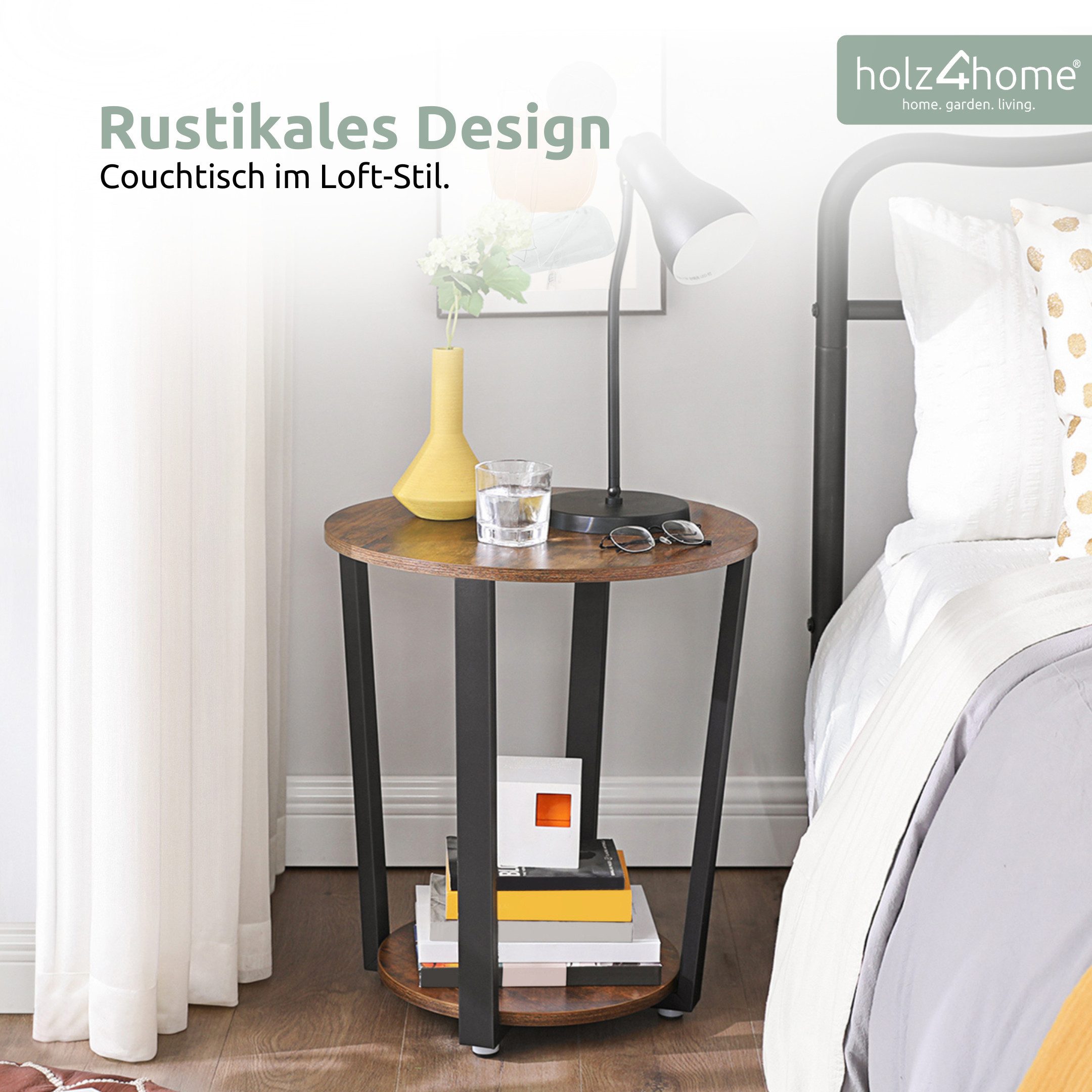 holz4home® Couchtisch Lorie Wohnzimmertisch Rund mit Ablage 50x57 cm I Industrial-Look Braun, Einfache Montage