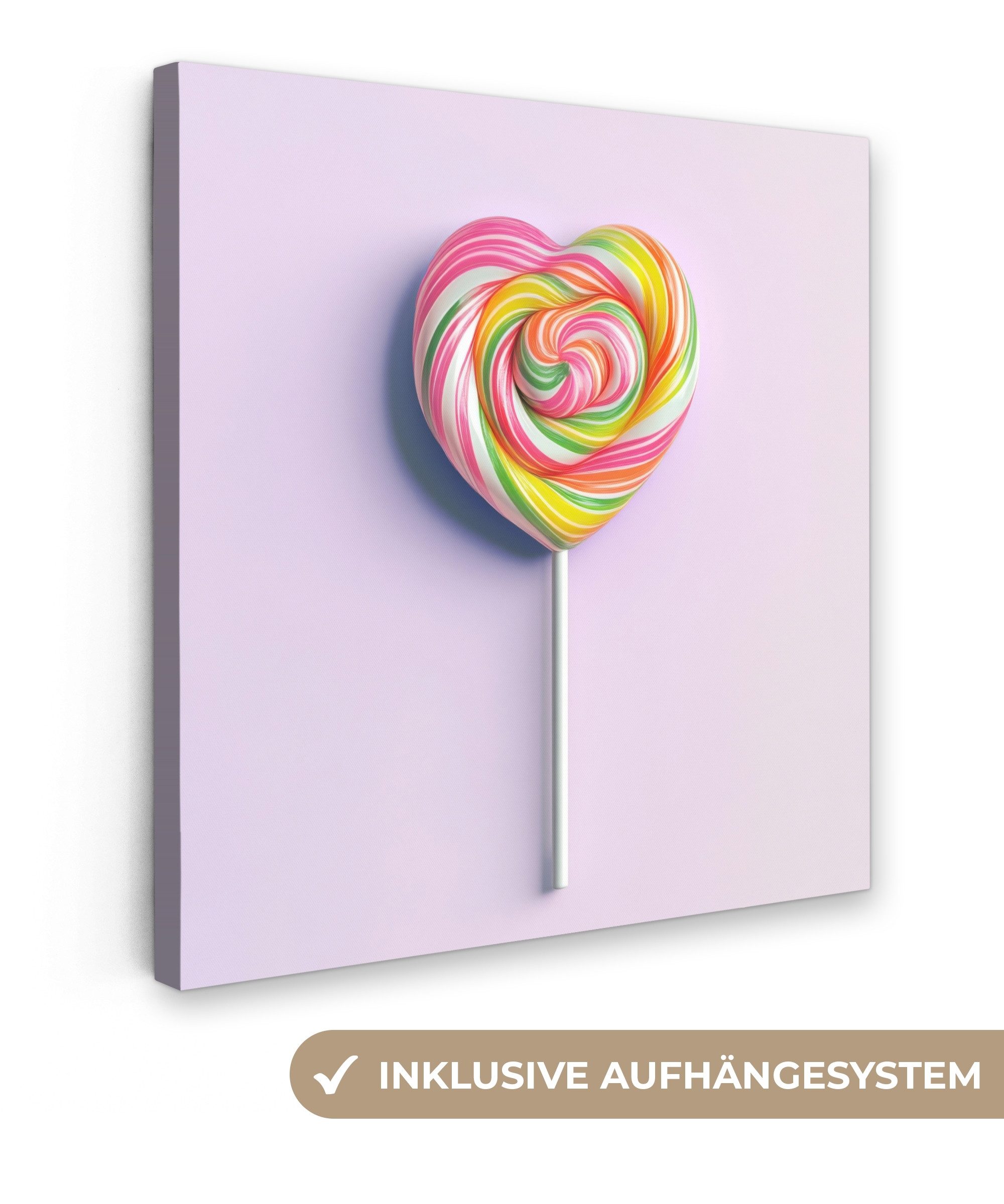 OneMillionCanvasses® Leinwandbild Herz - Lutscher - Bonbon, Fotodruck (1 St), Wandbild, Deko Schlafzimmer Wohnzimmer Flur 20x20 cm