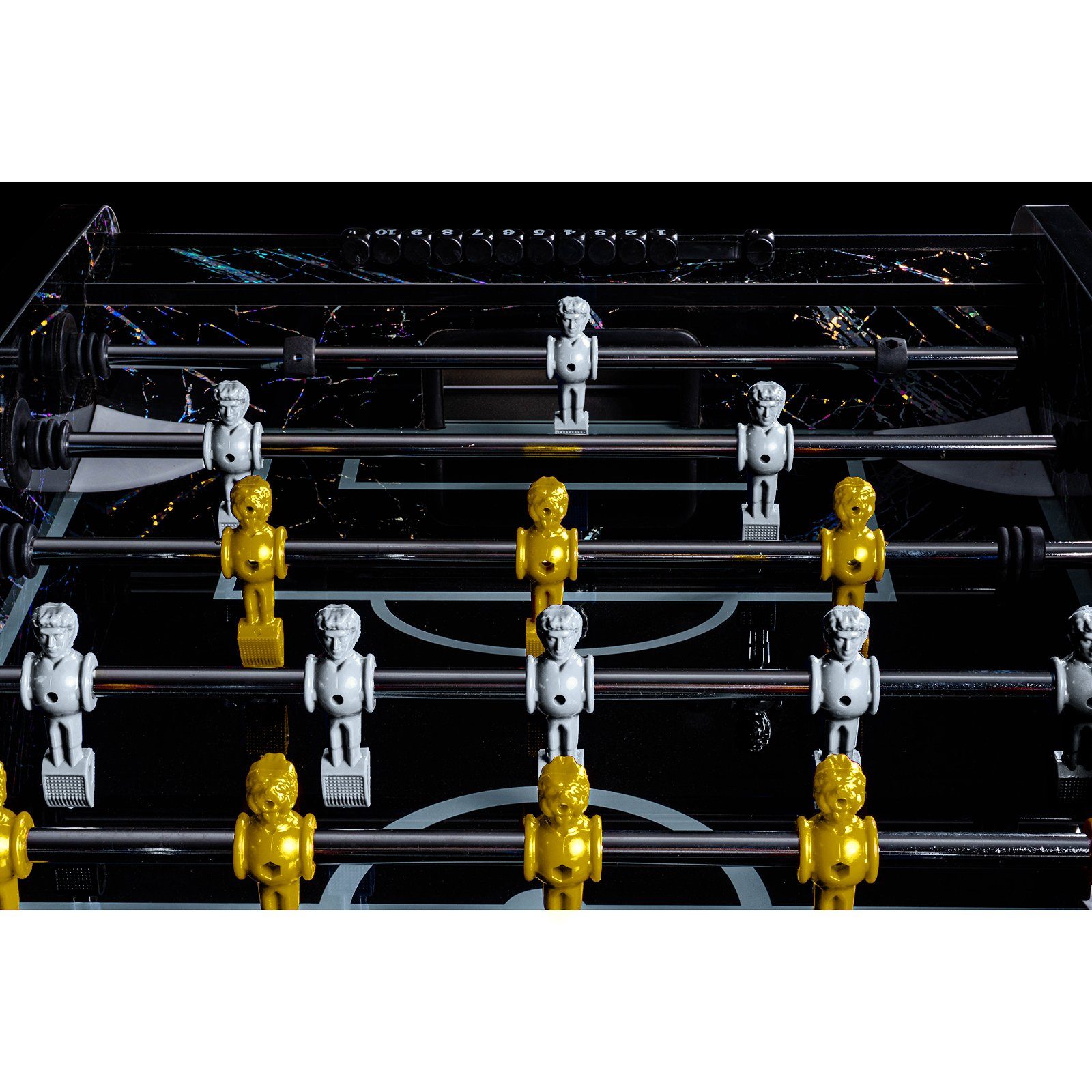 RAMROXX Kickertisch Fußball Premium Schwarz Glasspielfeld Figuren Weiss Gelb 80kg