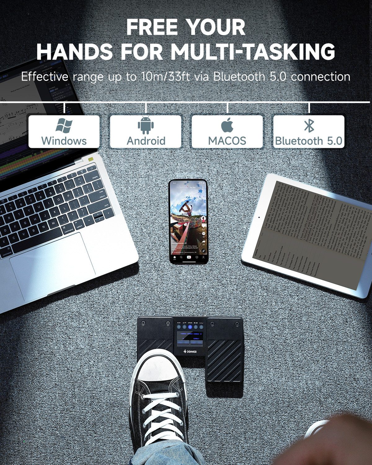 Donner Musikinstrumentenpedal DBM-50 Kabelloses Fußpedal mit Blätterfunktion für Tablet & Handy