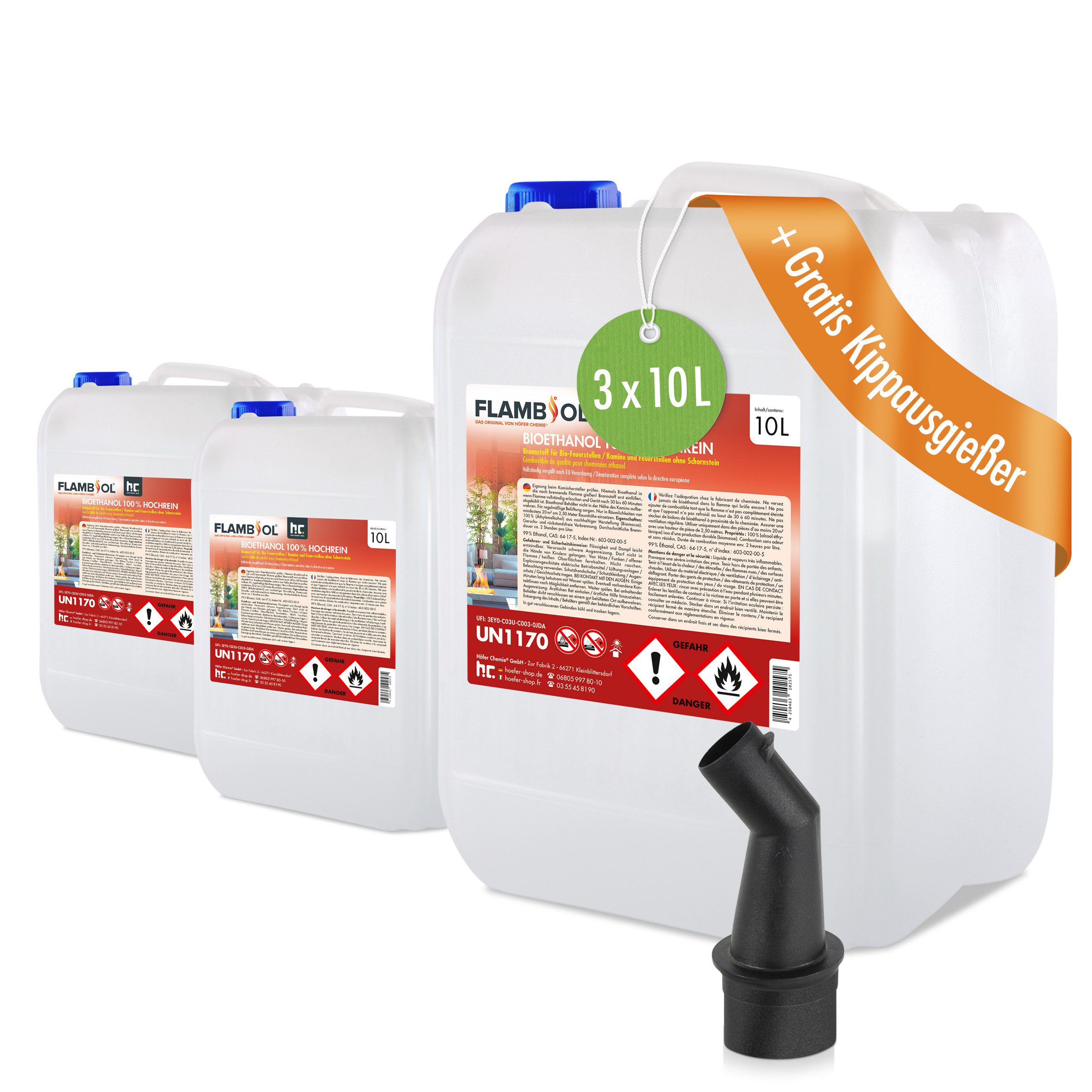 Höfer Chemie GmbH Bioethanol 3x 10 L FLAMBIOL® Bioethanol 100% Hochrein, 30 l, (3-St), Reiner Brennstoff für sauberes, rückstandsfreies Feuer