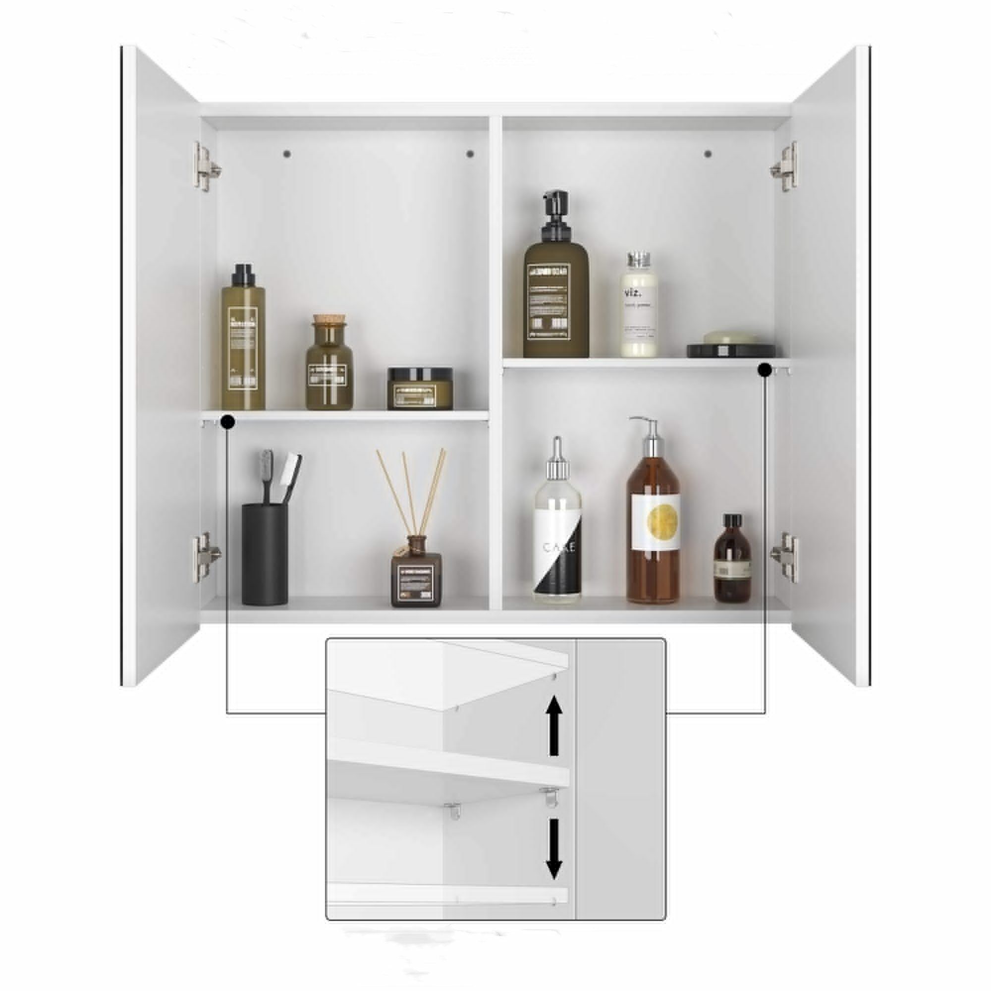 Homfa Spiegelschrank Badezimmerschrank mit 4 Fächern, Breite 70 cm, weiß, Holz – Bild 5 von 5