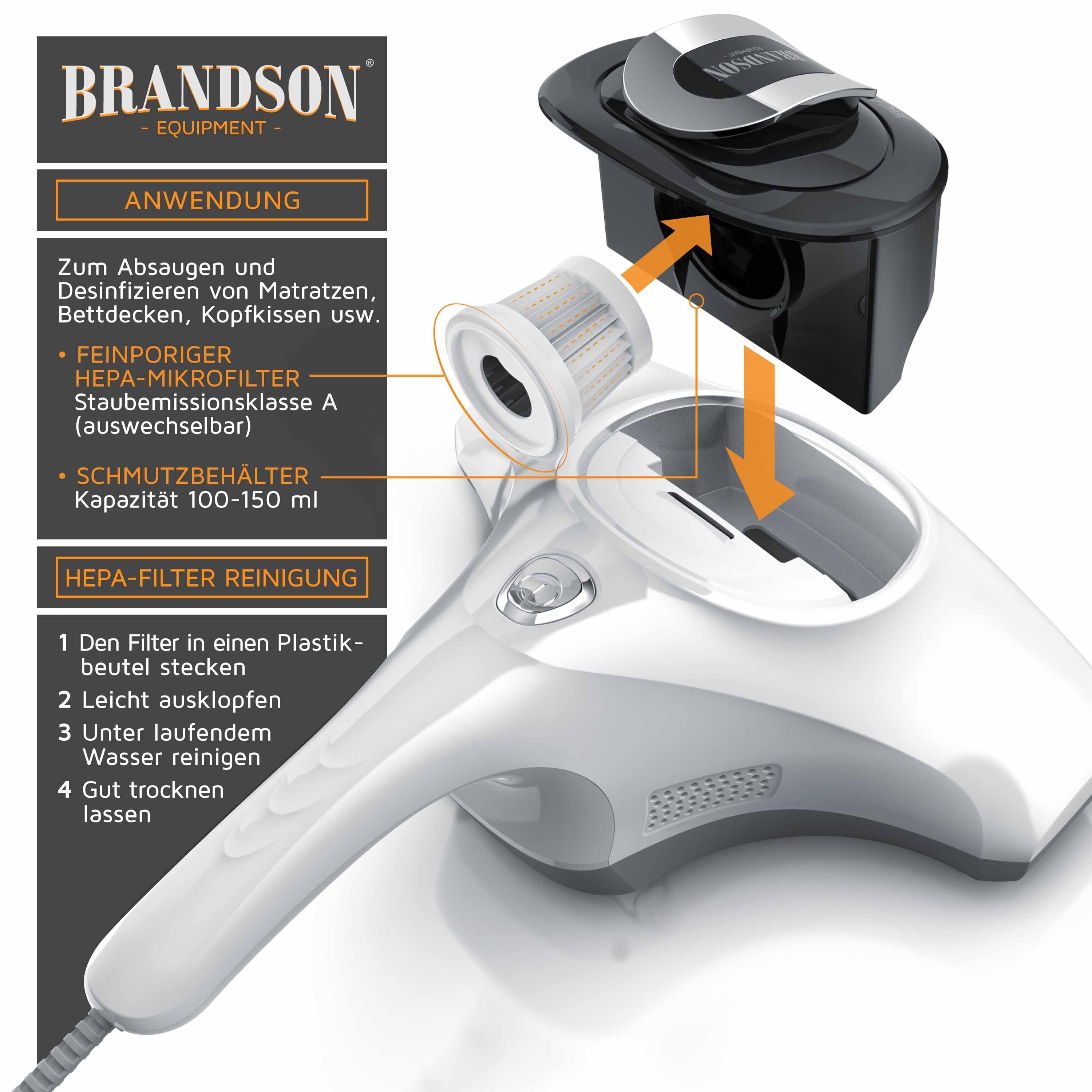 Brandson Matratzenreinigungsgerät Milbenstaubsauger, UV Sterilisation, Milbensauger, Sterilisationslicht, 300 W, beutellos, Matratzensauger für Allergiker, desinfiziert Betten, Polstermöbel uvm.