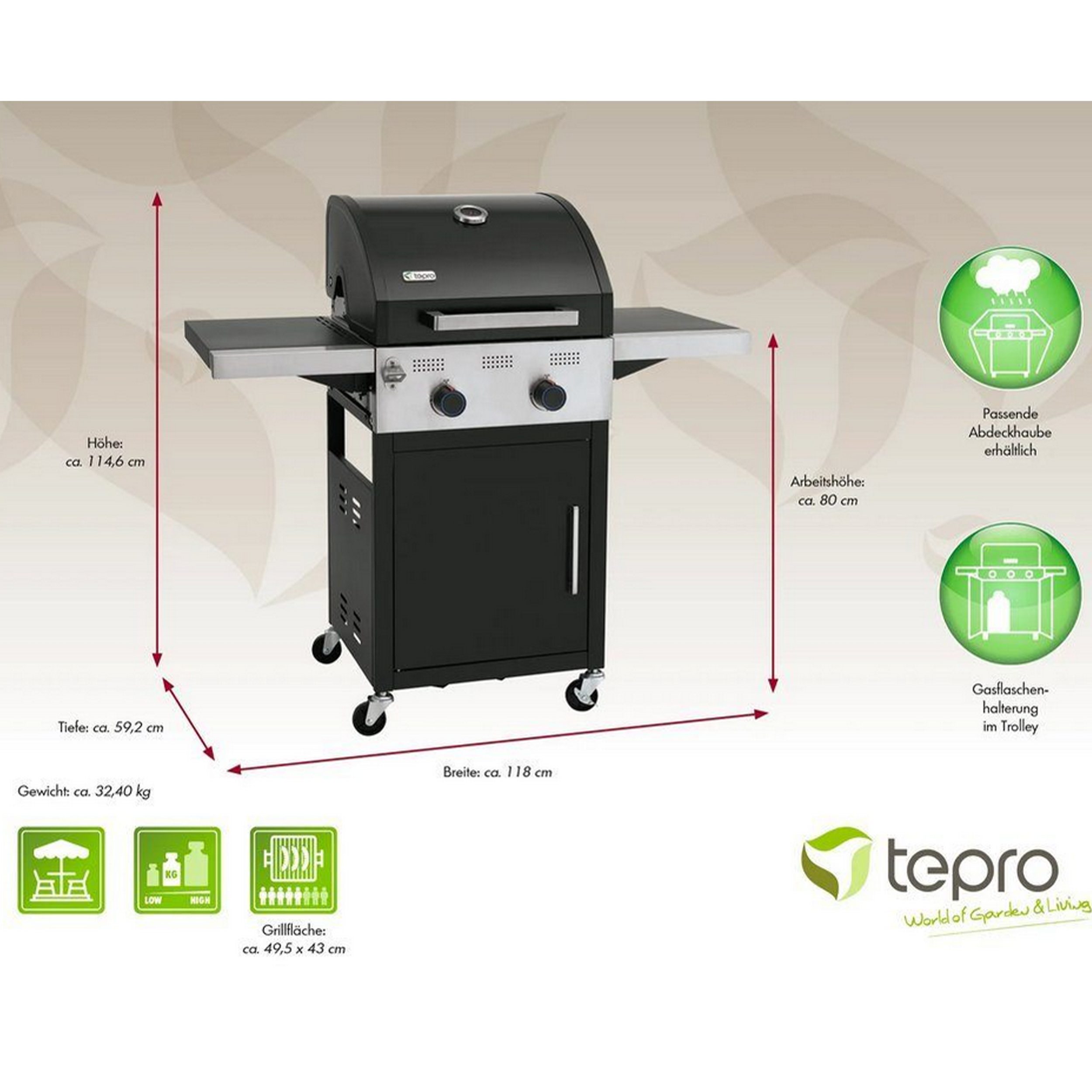Tepro Gasgrill Keansburg 2 SE, 2-Brenner, Gussrost, abklappbare Seitenablagen