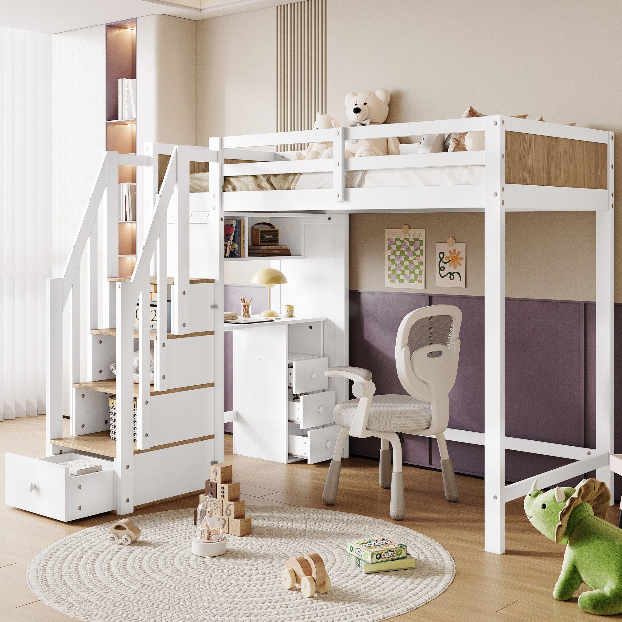 Flieks Hochbett Kinderbett 90x200cm mit Stauraumtreppe günstig online kaufen