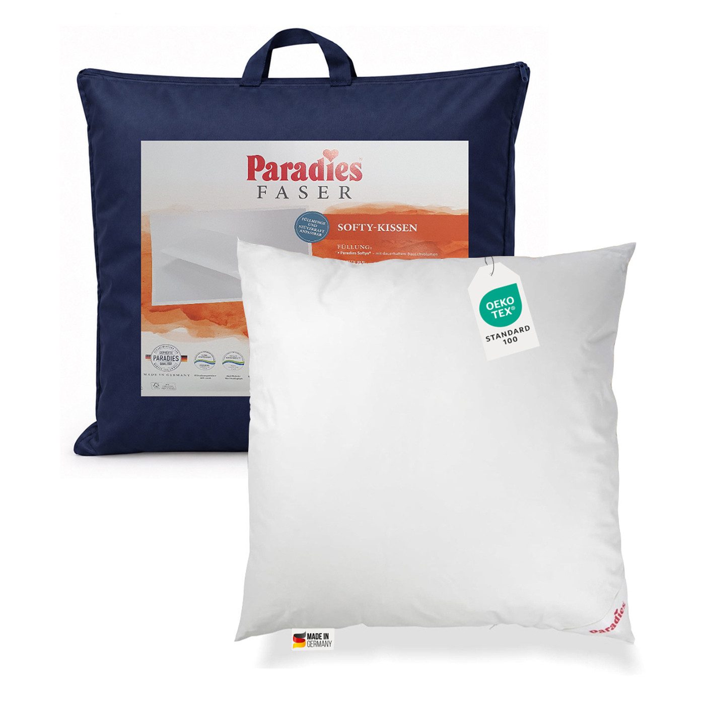 Paradies Kunstfaserkopfkissen Paradies Softy Kopfkissen Kissen Faserkissen Kuschelkissen 80x80 60°, Füllung: Paradies Fill Fasertechnologie für dauerhaft bauschiges Volumen, 100% Polyester, Bezug: 100% Baumwolle, veredelt mit Aloe Vera, Bauchschläfer, Rückenschläfer, Seitenschläfer, Klimaneutrale Herstellung