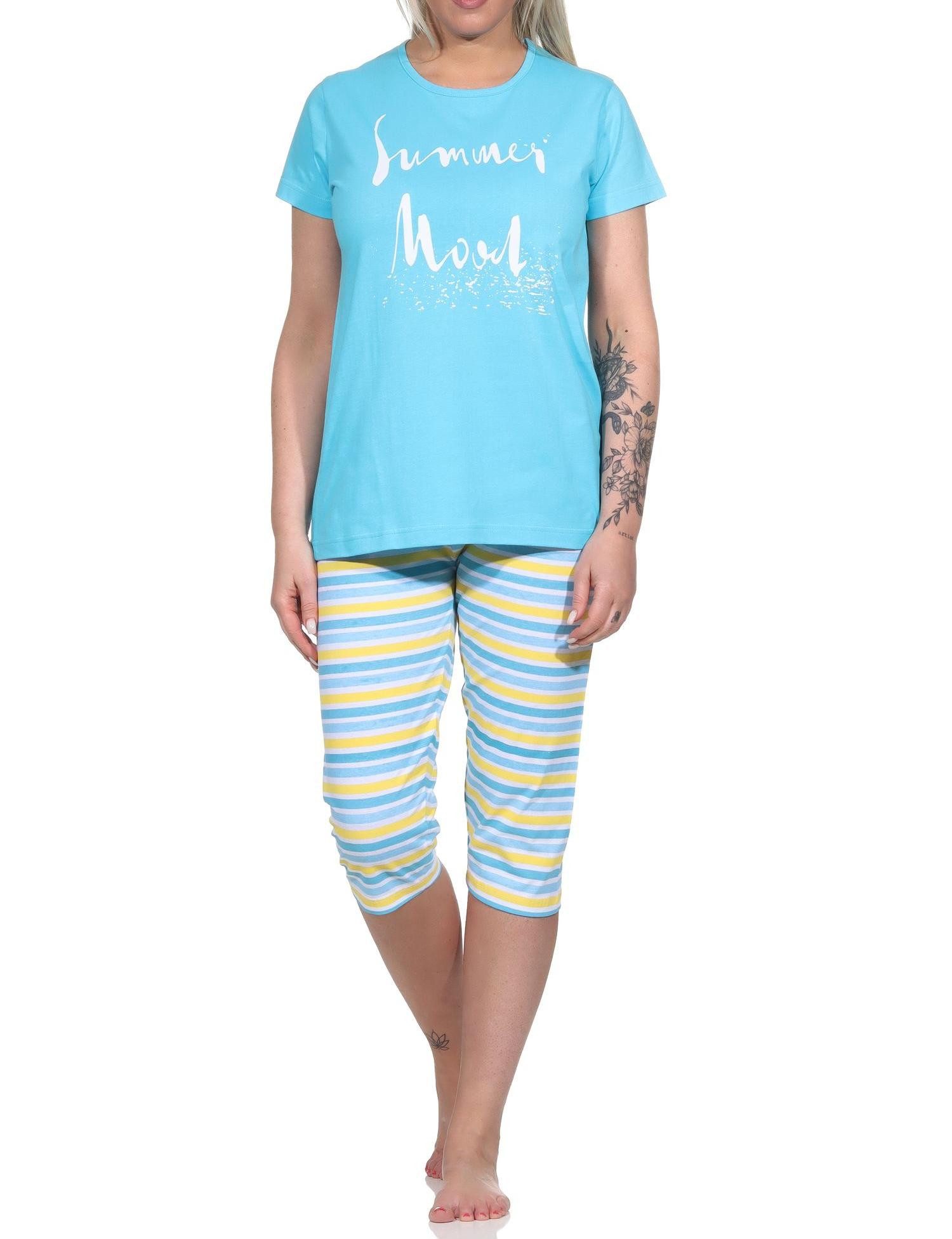 RELAX by Normann Pyjama Sommerlicher Damen Capri Schlafanzug, kurzarm Pyjama Hose geringelt