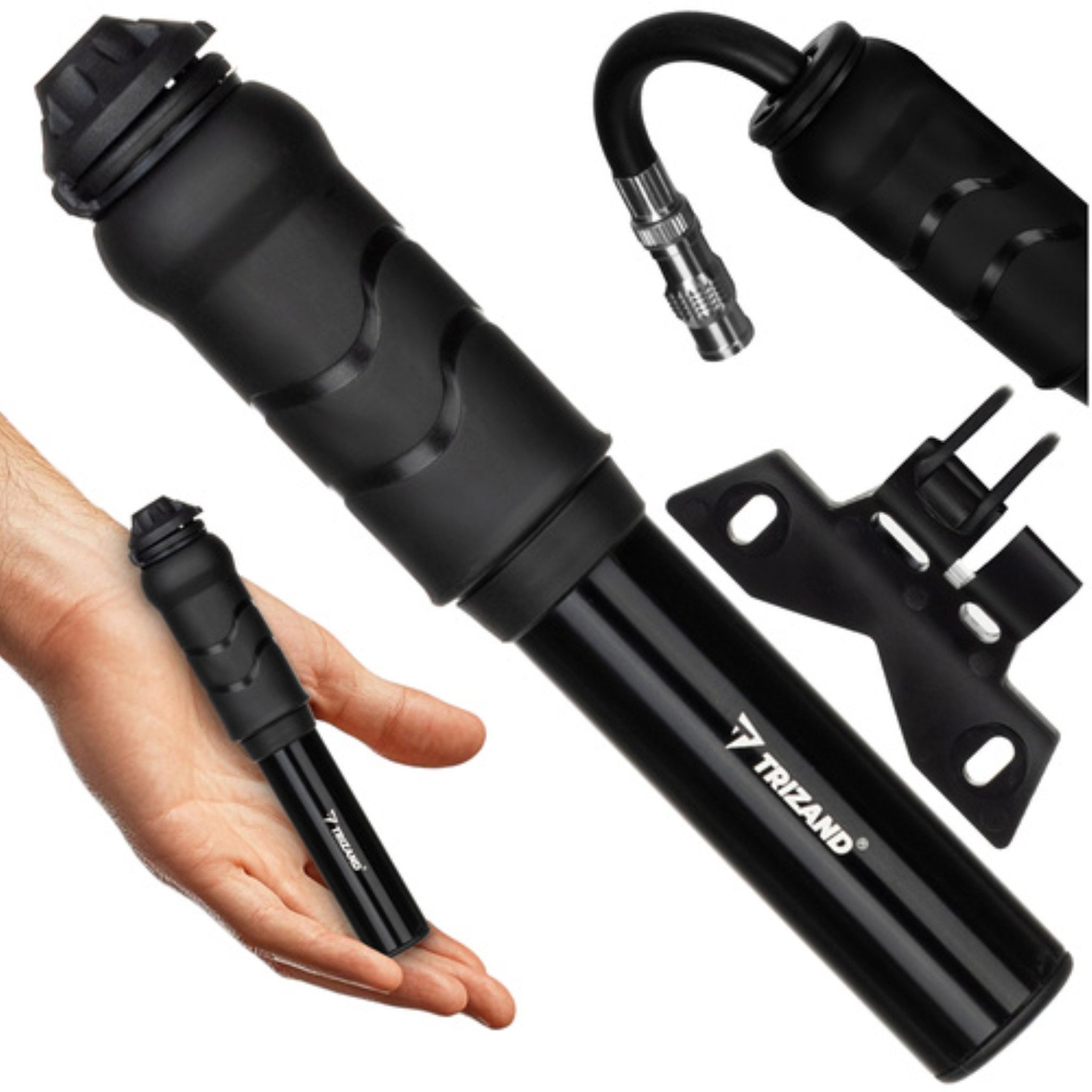 Trizand Luftpumpe Fahrradpumpe 7 bar Mini Handpumpe mit Halterung – Aluminium schwarz (Mini-Fahrradpumpe mit Rahmenhalter & Sechskantschlüssel, Trizand Fahrradpumpe Set mit Halterung & Zubehör – schwarz), Universell einsetzbar, kompakt, robust & mit Halterung