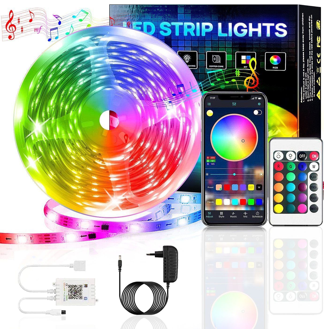 KINSI LED Stripe LED Strip, Bluetooth, Streifen, Lichterketten, RGB, Lichtstreifen, Bareboard RGB LED- 5,10,15,20M, 18 Infrarot-Fernbedienung, Lichter/M