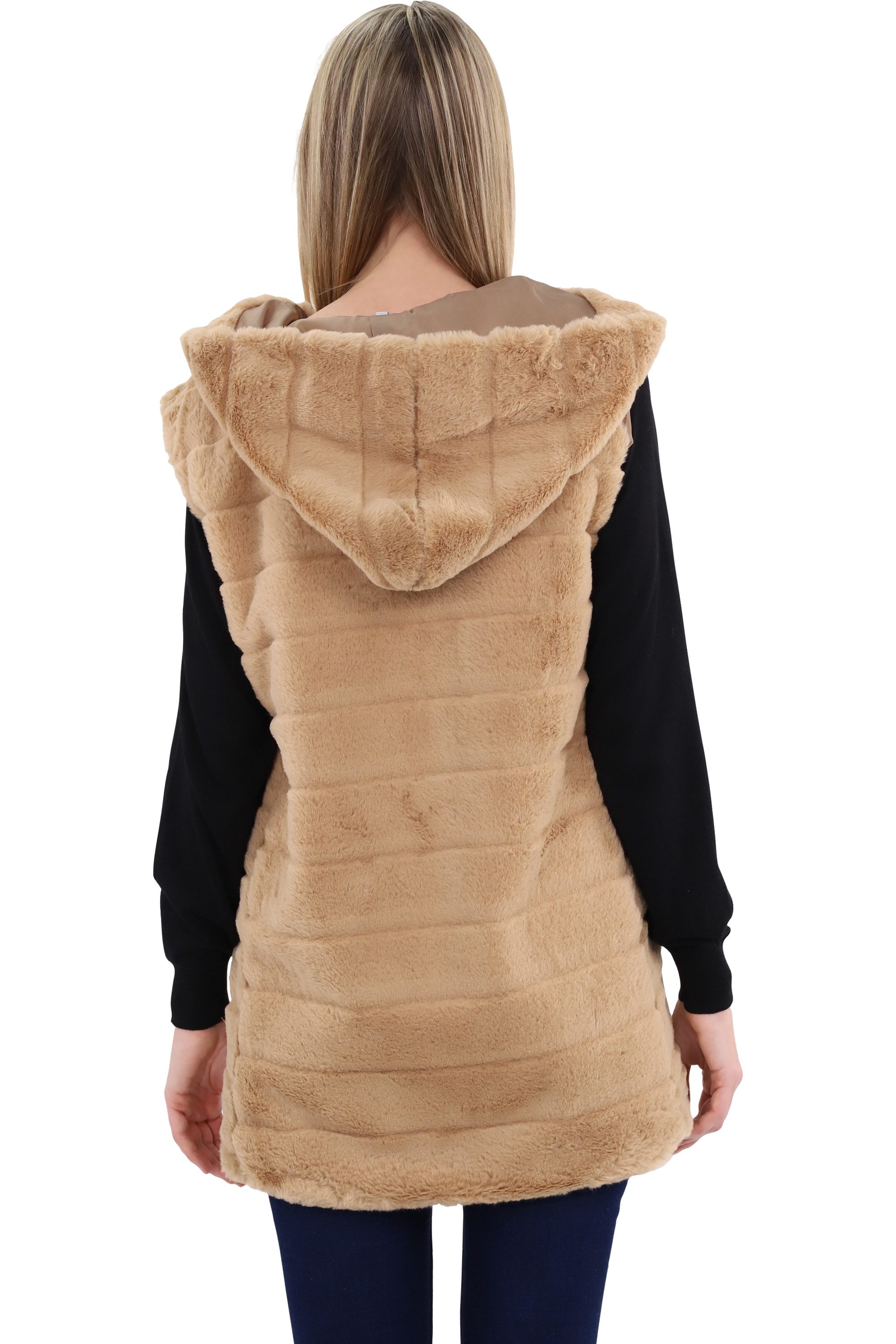 malito more than fashion Longweste malito Damen Longweste mit Kapuze, gerippte Weste aus Kunstpelz, mit Kapuze