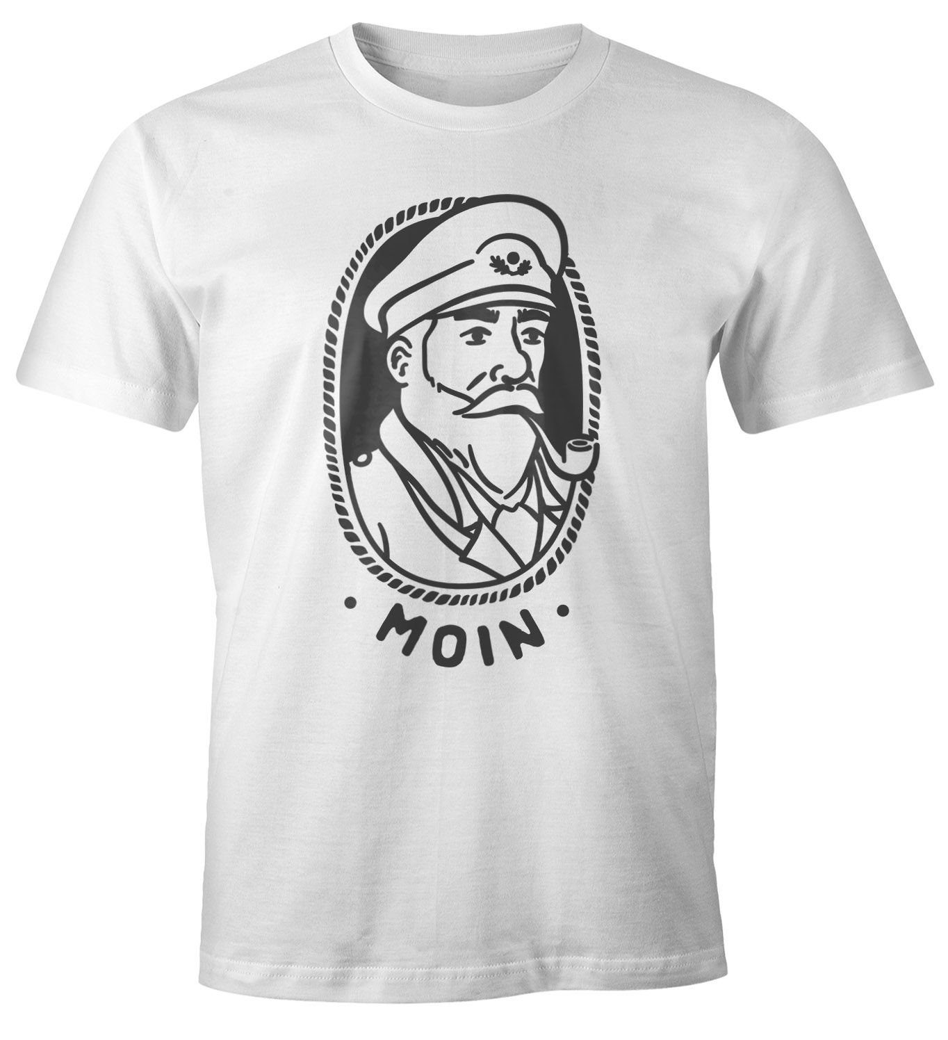 MoonWorks Print-Shirt Herren T-Shirt Kapitän Seemann mit Pfeife Schriftzug Moin Fun-Shirt Spruch lustig Moonworks® mit Print weiß