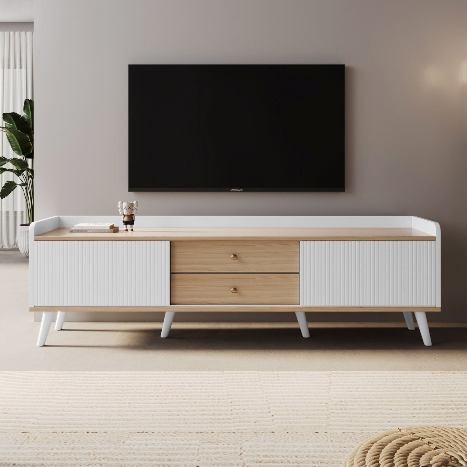 SEEZSSA TV-Schrank und mit x Fernsehtisch 40 Schiebetüren 160 und Holzfarben, TV Schubladen natürliche 58 zwei x Lowboard cm Weiß
