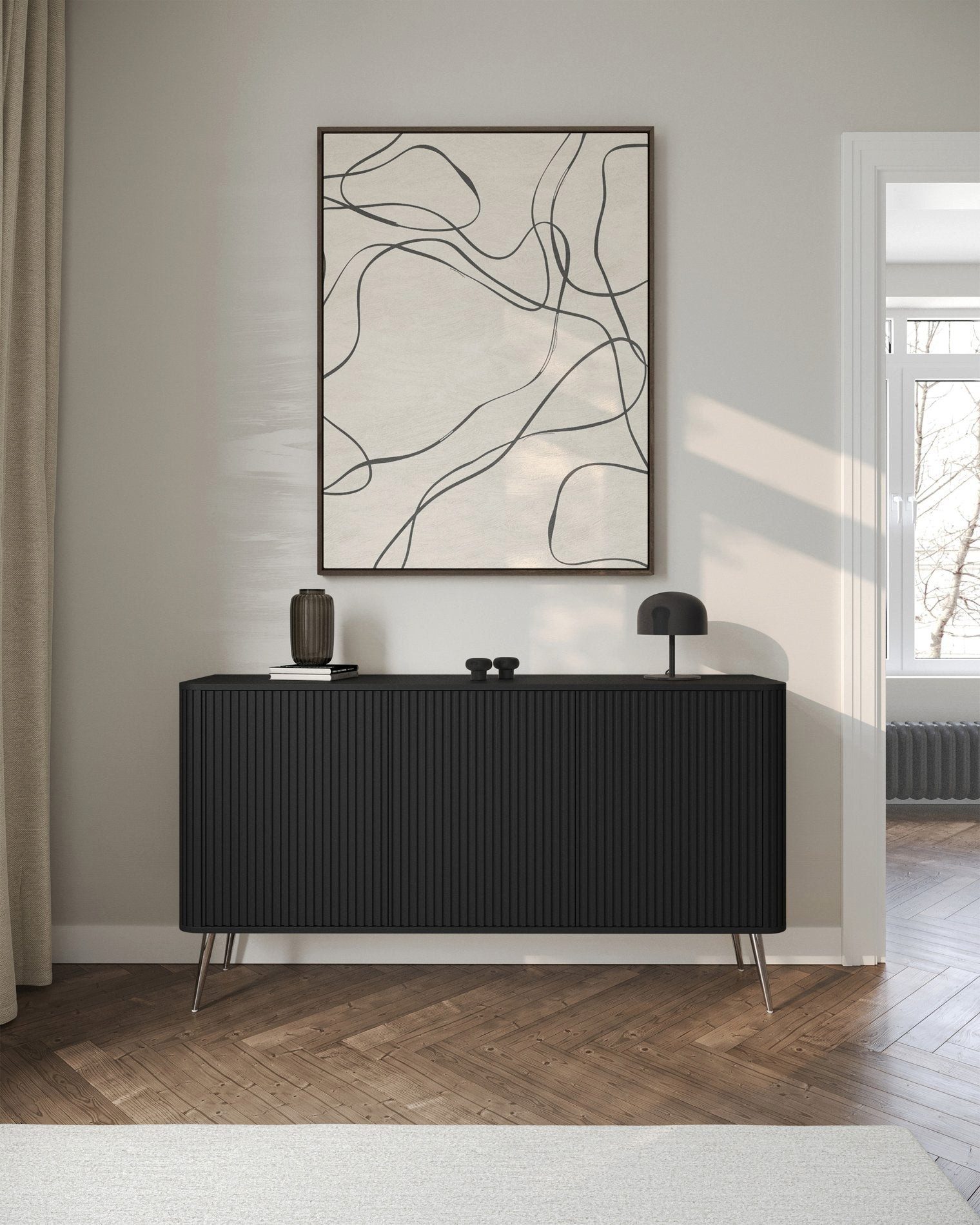 Selsey Sideboard OVARLO, 3-türig mit 6 Fächern, geriffelten Fronten und Metallbeinen
