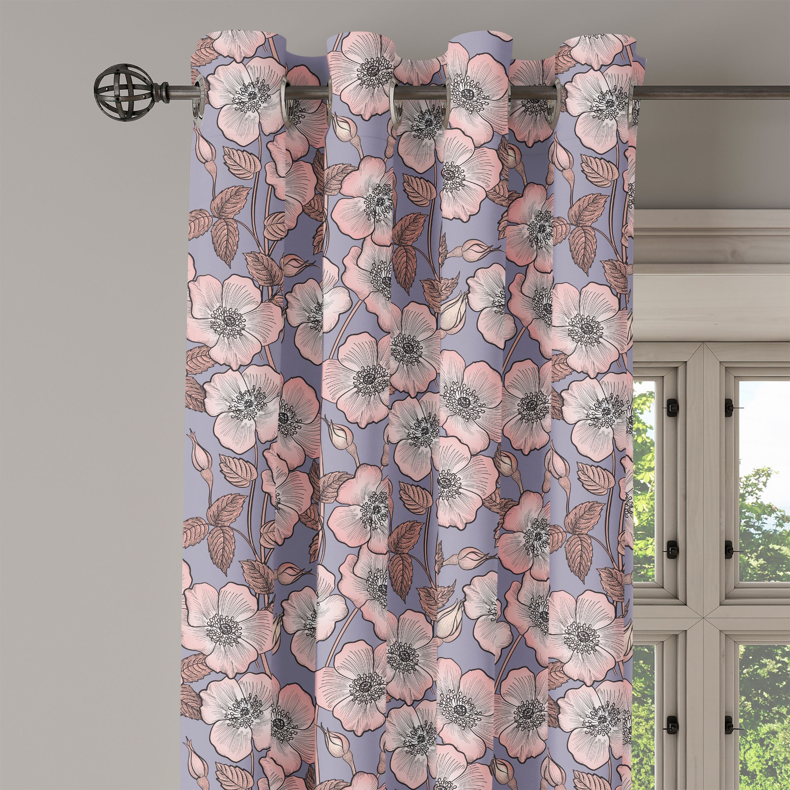2-Panel-Fenstervorhänge Jahrgang Wohnzimmer, für Gardine Poppy Knospen-Garten-Kunst Dekorative Schlafzimmer Abakuhaus,